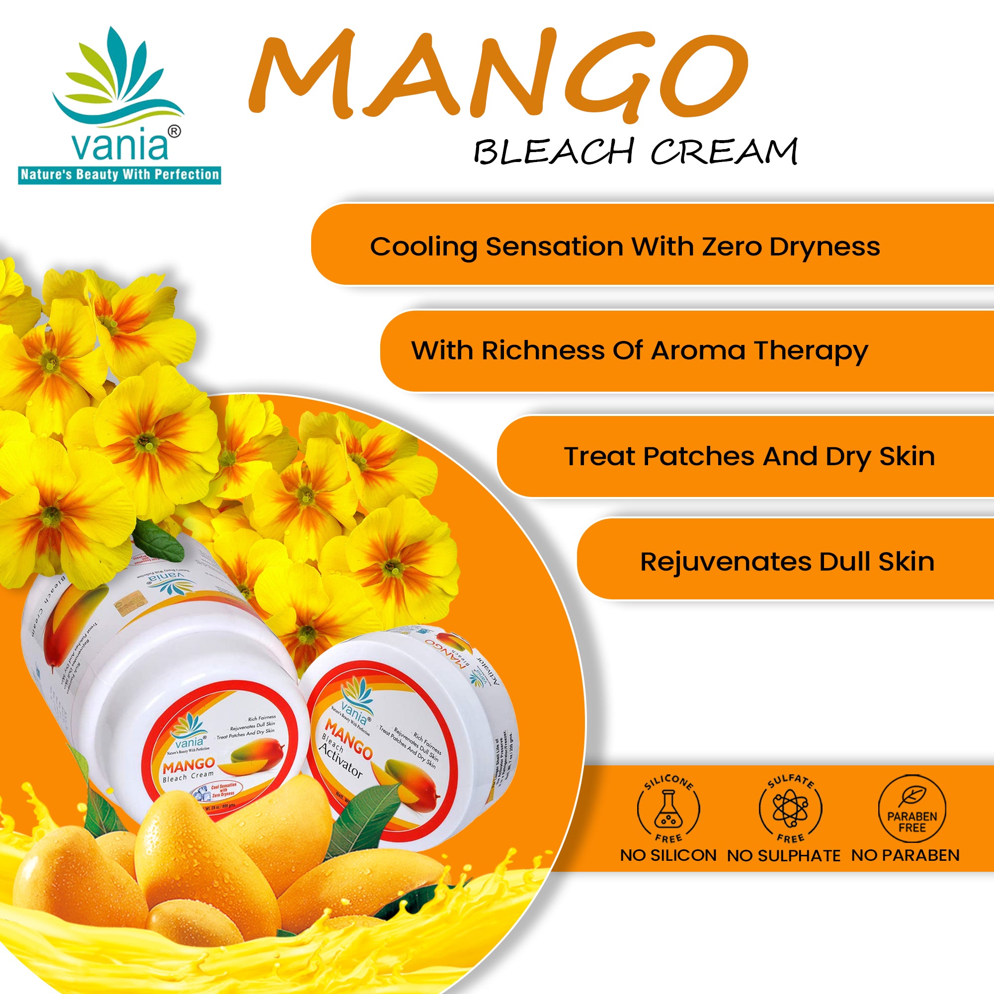 Vania Mango Bleach Cream 1Kg | Long-Lasting Glow | Rich Fairness | Rejuvenates Dull Skin | Treats Patches & Dry Skin | Youthful & Cool | No Tears, Zero Irritation | With Fragrance | De-Tan | Ready Below 30 Min | Best Fruit Face Cream