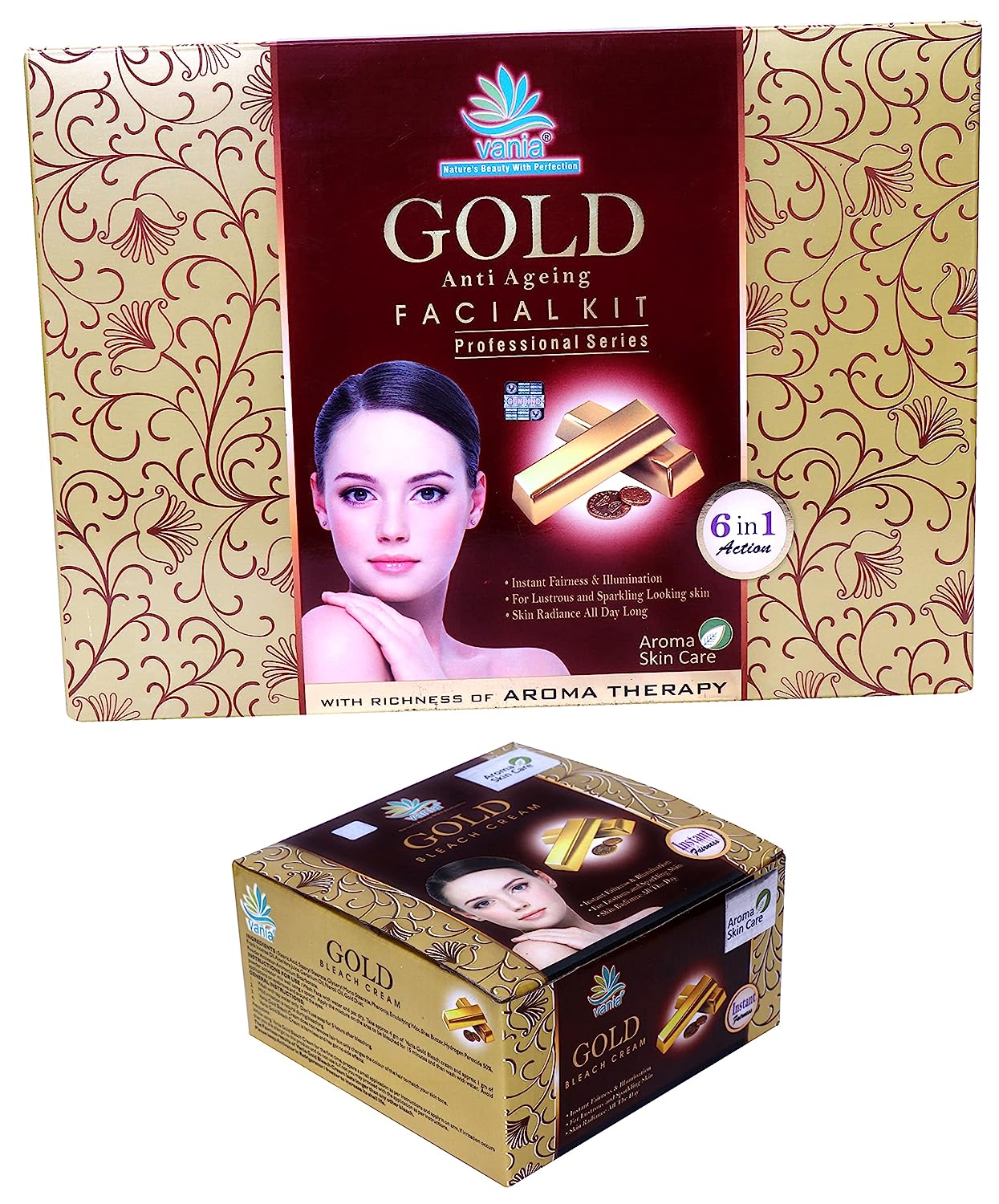 Vania Gold Facial kit 300 Gm & Gold Bleach Cream 250 Gm|Aroma Therapy|Natural Nourishing Ingredients|All Day Radiance|Unisex|Cooling Sensation|Self, Parlour & Professional Use|Face & Body||