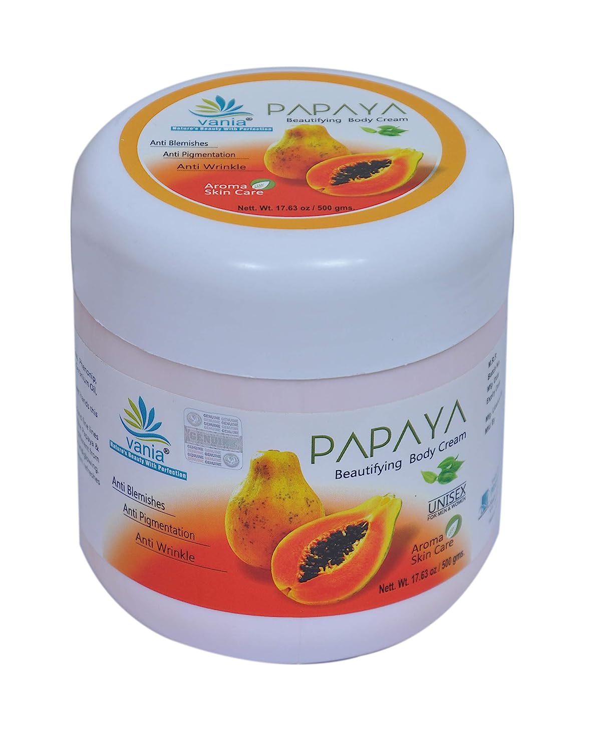 Vania Papaya Beautifying Body Cream 500 Gm | UNISEX | Face & Body | Herbal Extracts & Aroma Oils | Improves Skin Clarity, Removes Pigmentation & Dark Spots | Moisturizer-Based Skin Care | Younger Look