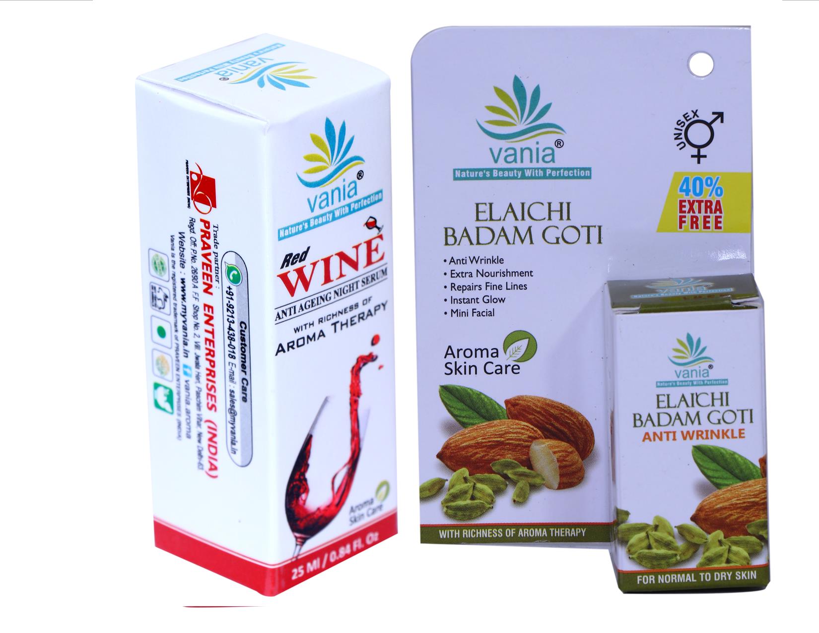 Vania Red Wine Serum 25ml & Elaichi Badam Goti 25g - Anti-wrinkle Night Serum & Skin Nourishment Soap for Dry Skin