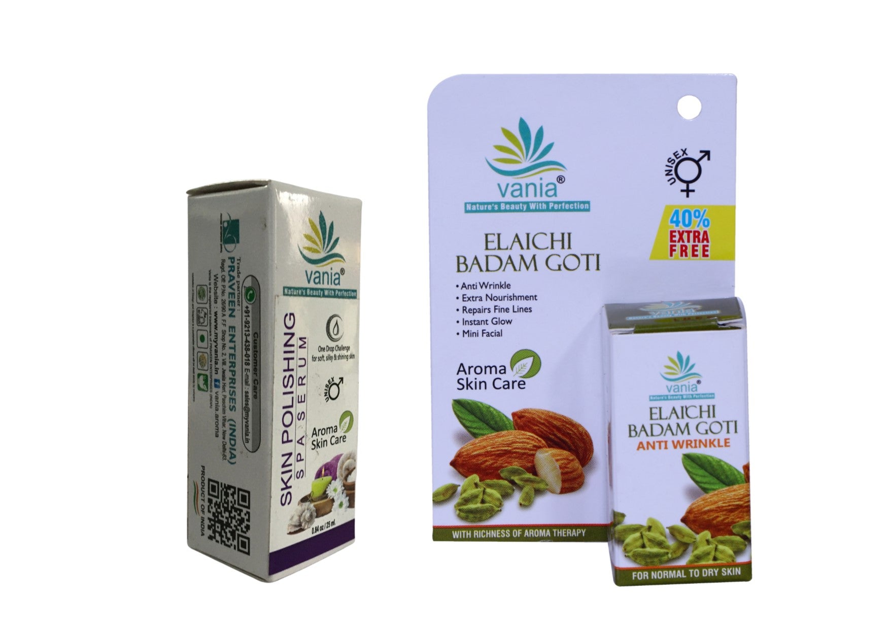 Vania Skin Polishing SPA Serum 25ml & Elaichi Badam Goti 25gm Combo | 1 Drop Aroma Oil for Soft, Silky, Glowing Skin | Mini Facial, Instant Glow Travel Soap