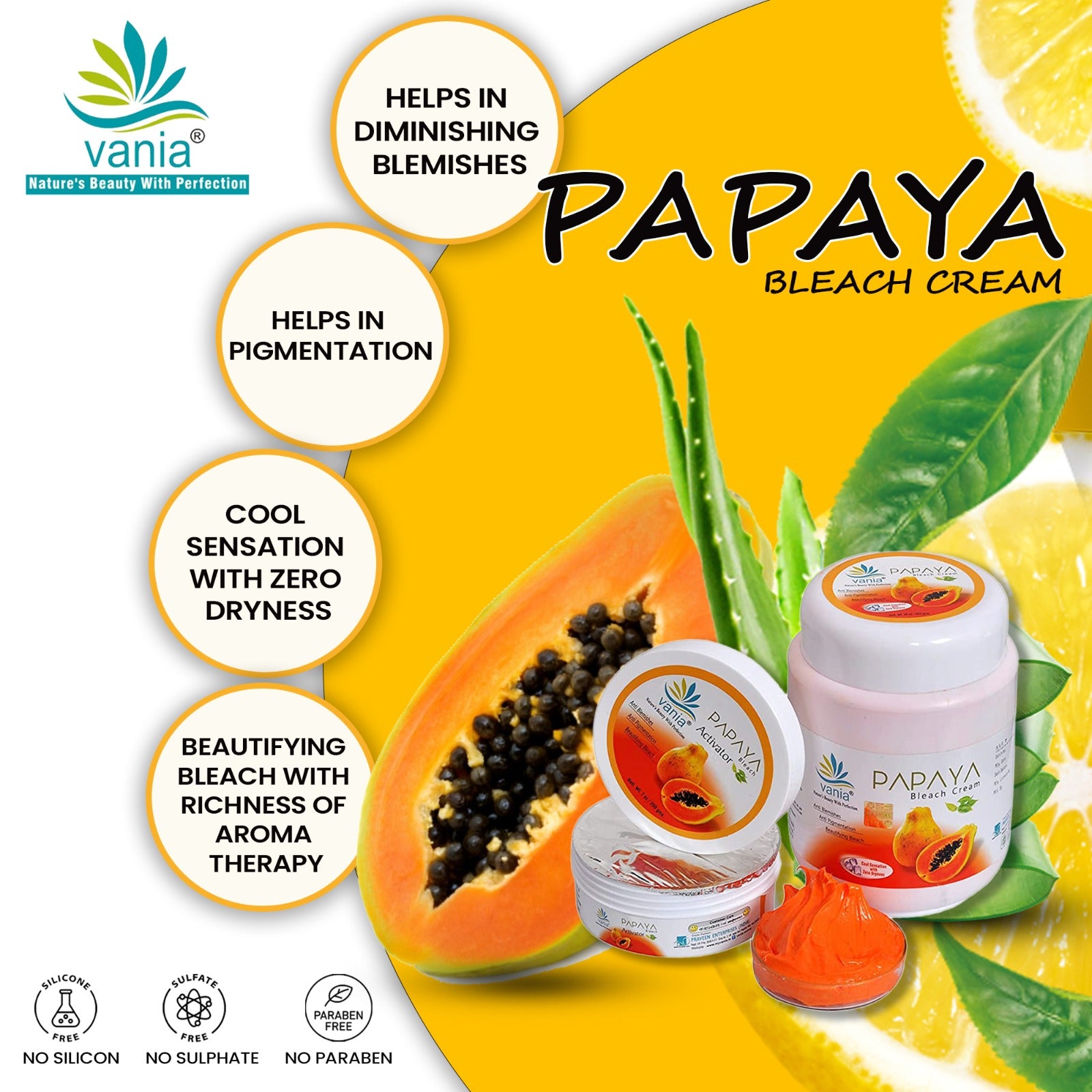 Vania Papaya Bleach Cream 1000 Gm - Anti Blemish, Anti Pigmentation, Cooling, No Dryness, Beautifying Skin Care with Papaya Extracts, Aloe Vera Extracts, Lavender Oil, Neem Oil, and Vitamin C - Skin Lightening Cream