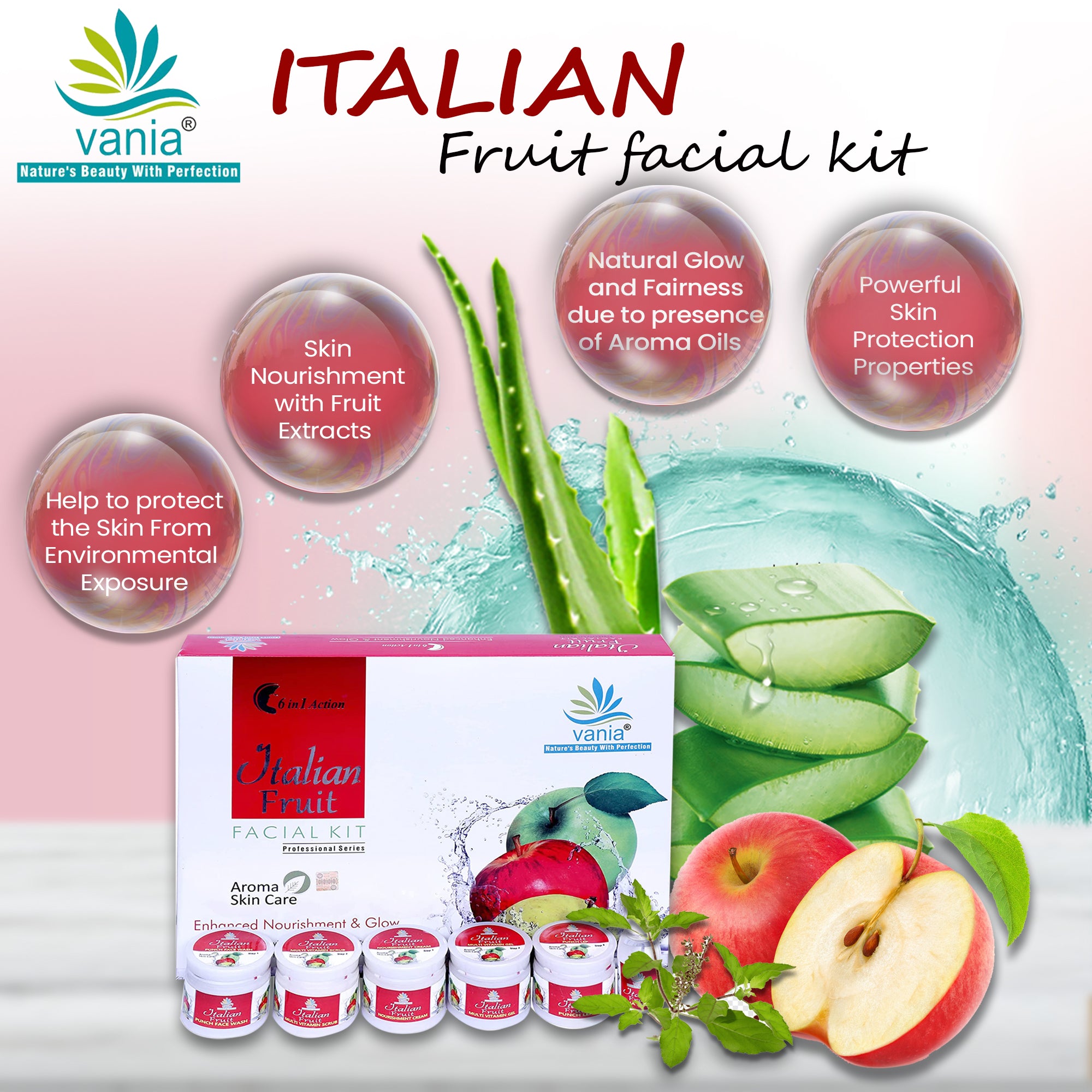 Vania Italian Fruit Facial Kit 300 Gm | Unisex | Natural Glow & Growth | Aroma Care | 6in1 Action | Shea, Honey, Fruit Extracts, Jojoba & Geranium | Face Beauty