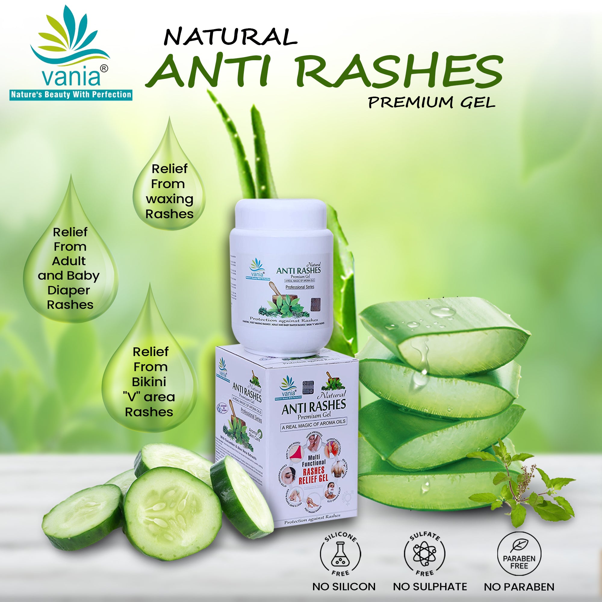 Vania Natural Anti Rashes Premium Gel 1000 Gm | Post & Pre-Waxing Relief | Diaper Rash Treatment | Under Arm & Shaving Cut | Chafing & Bikini V Area