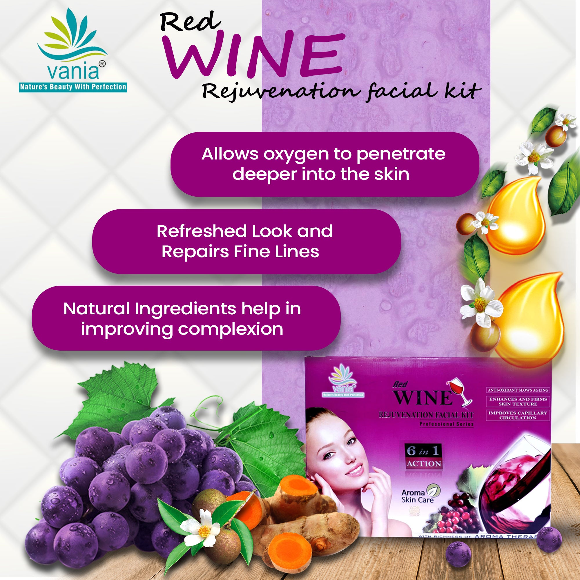 Vania Red Wine Facial Kit 300 GM | For Women & Men | Glowing, Youthful Skin | Slows Skin Aging | Firms Skin Texture | Improves Capillary Circulation | Adds Fairness | Blend Of Aroma Oils | Self & Parlour Use | 6-in-1 Action
