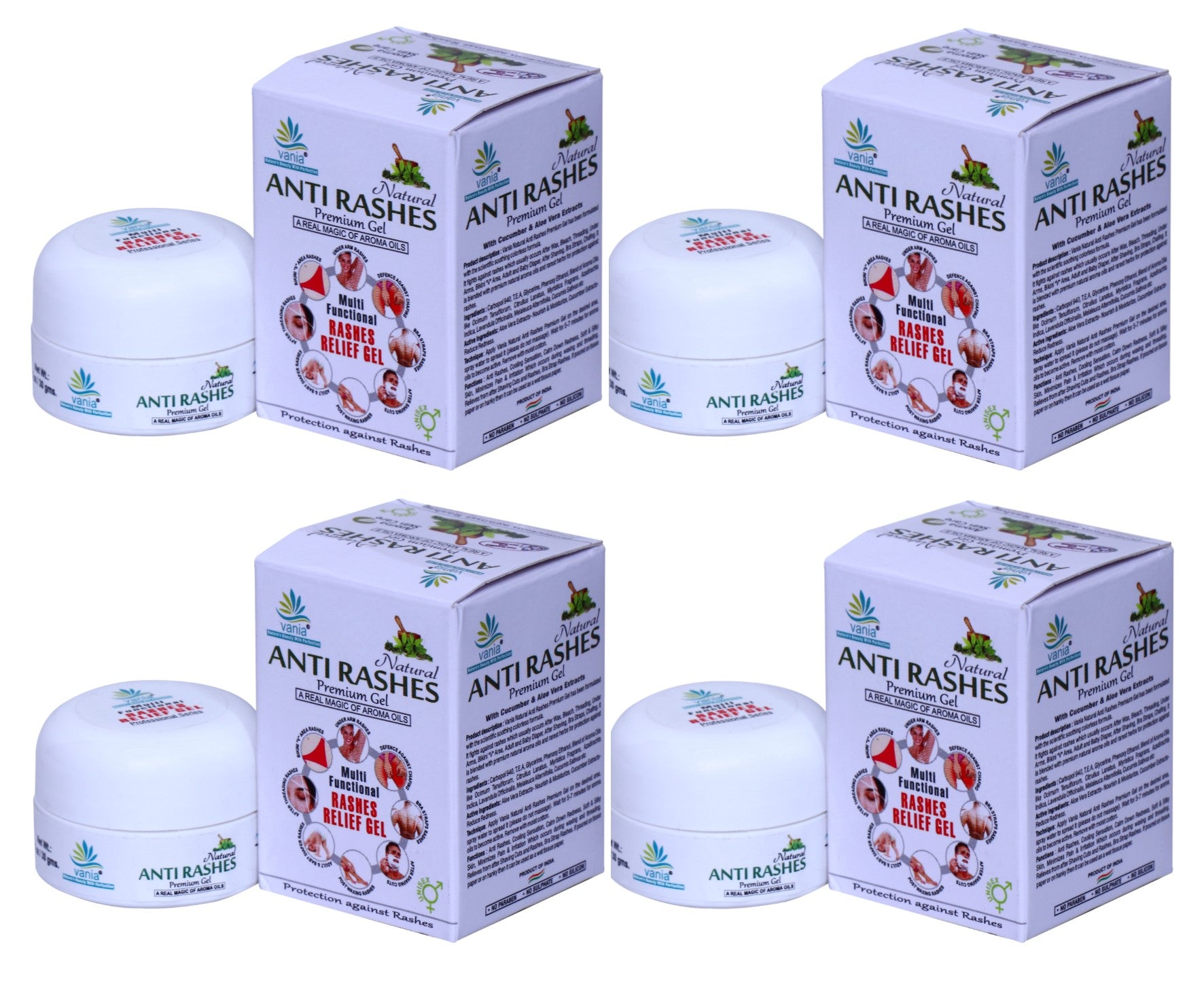 Vania Premium Anti-Rashes Gel 30g (Pack of 4) | Aroma Oils | Post-Waxing & Threading | Diaper Rash Relief | Unisex | Adult & Baby | Underarm, Shaving Cut, Chafing, Bikini V Area & Bra Straps
