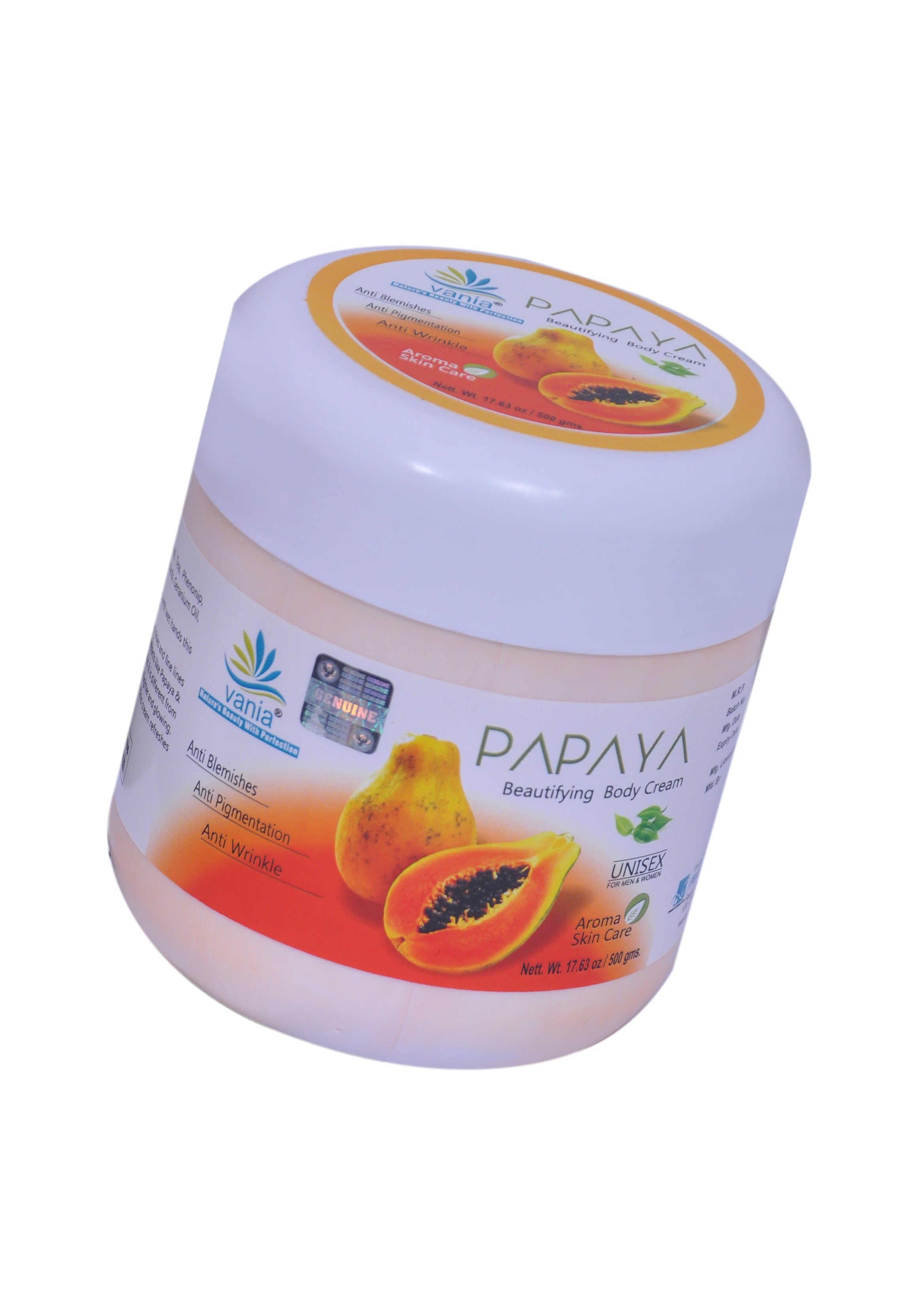 Vania Papaya Beautifying Body Cream 500 Gm | UNISEX | Face & Body | Herbal Extracts & Aroma Oils | Improves Skin Clarity, Removes Pigmentation & Dark Spots | Moisturizer-Based Skin Care | Younger Look