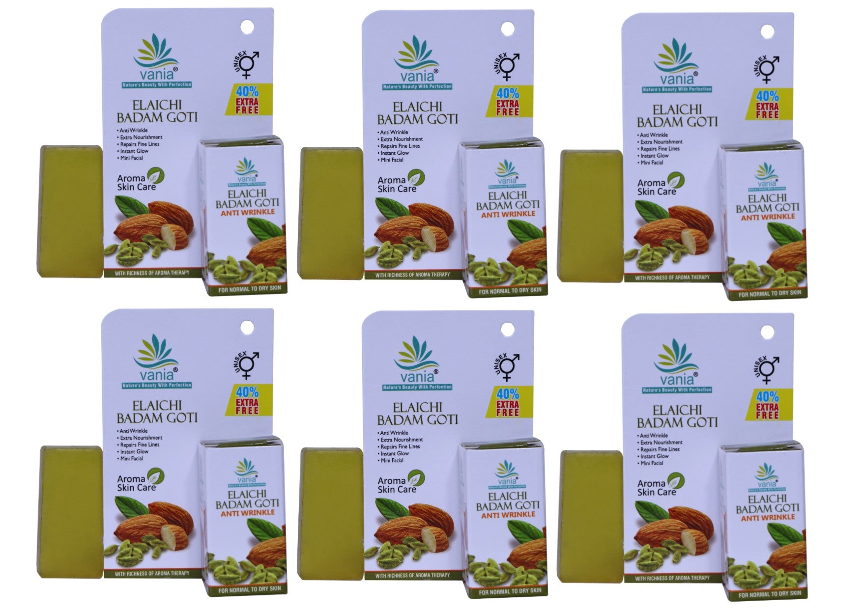 Vania Elaichi Badam Goti 25 Gm| Set of 6 Pcs |For Face Fairness, Glowing Face| Spotless Skin | With Honey & Aroma Oils | Repairs Fine Lines| Mini Facial in 5 Minute| Travel Soap| Rejuvenates Dull Skin