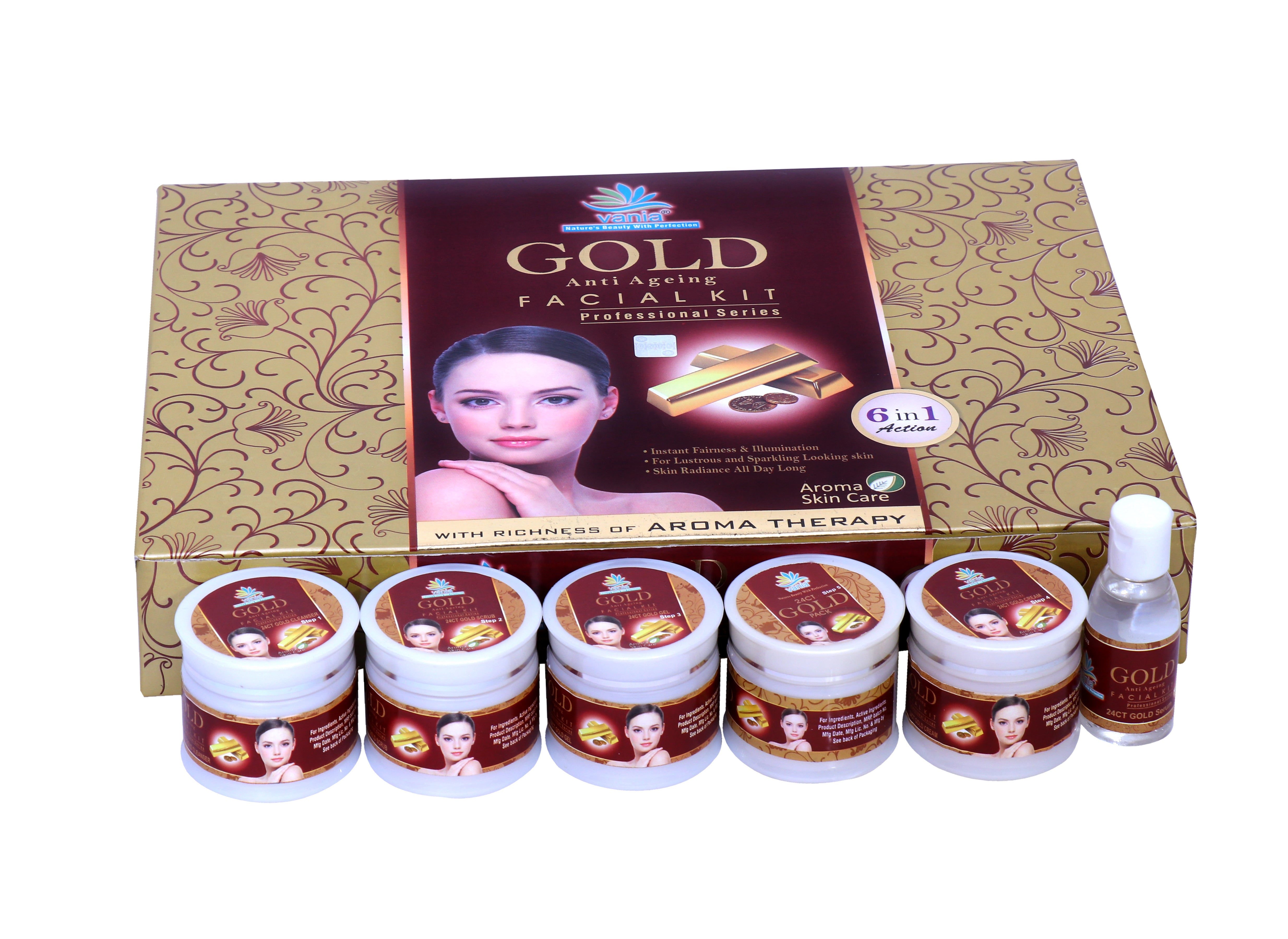 Vania Gold Facial Kit 300 Gm | Unisex Aroma Skin Care | Self & Parlour Use | Instant Fairness & Illumination | Natural Ingredients | Glow Like Gold | 6 In 1 Action