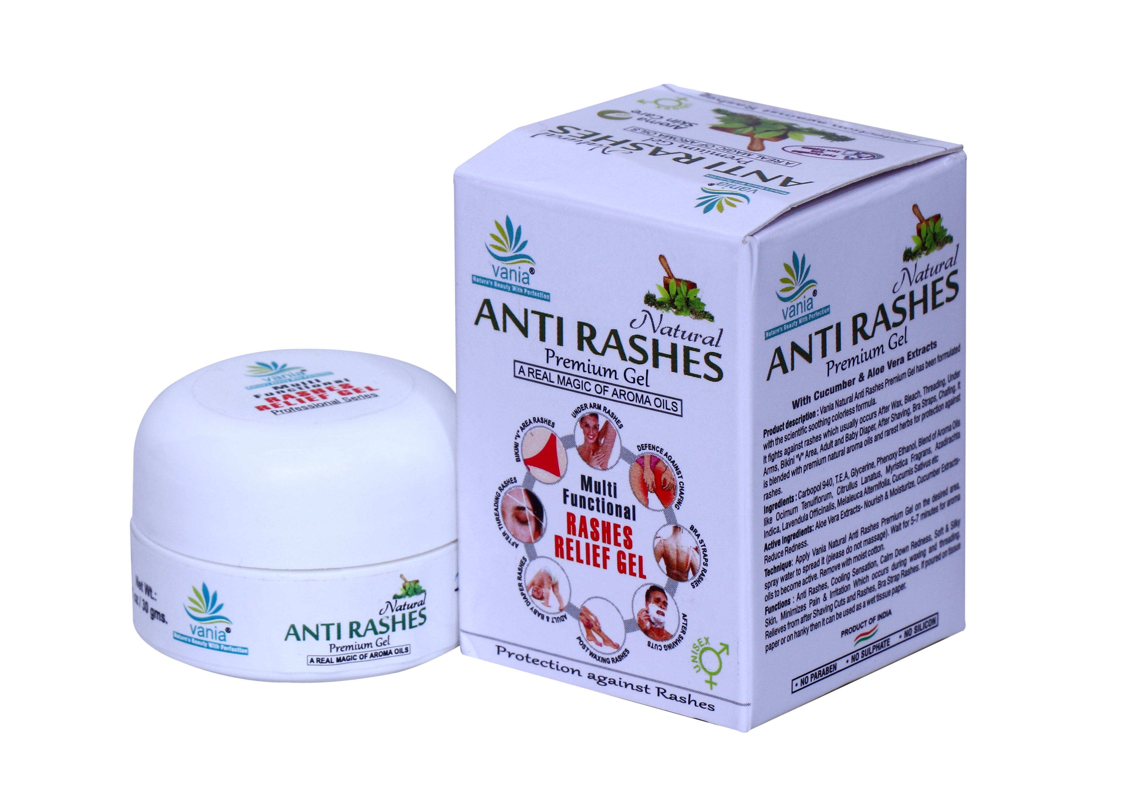 Vania Premium Anti-Rashes Gel 30g (Pack of 4) | Aroma Oils | Post-Waxing & Threading | Diaper Rash Relief | Unisex | Adult & Baby | Underarm, Shaving Cut, Chafing, Bikini V Area & Bra Straps