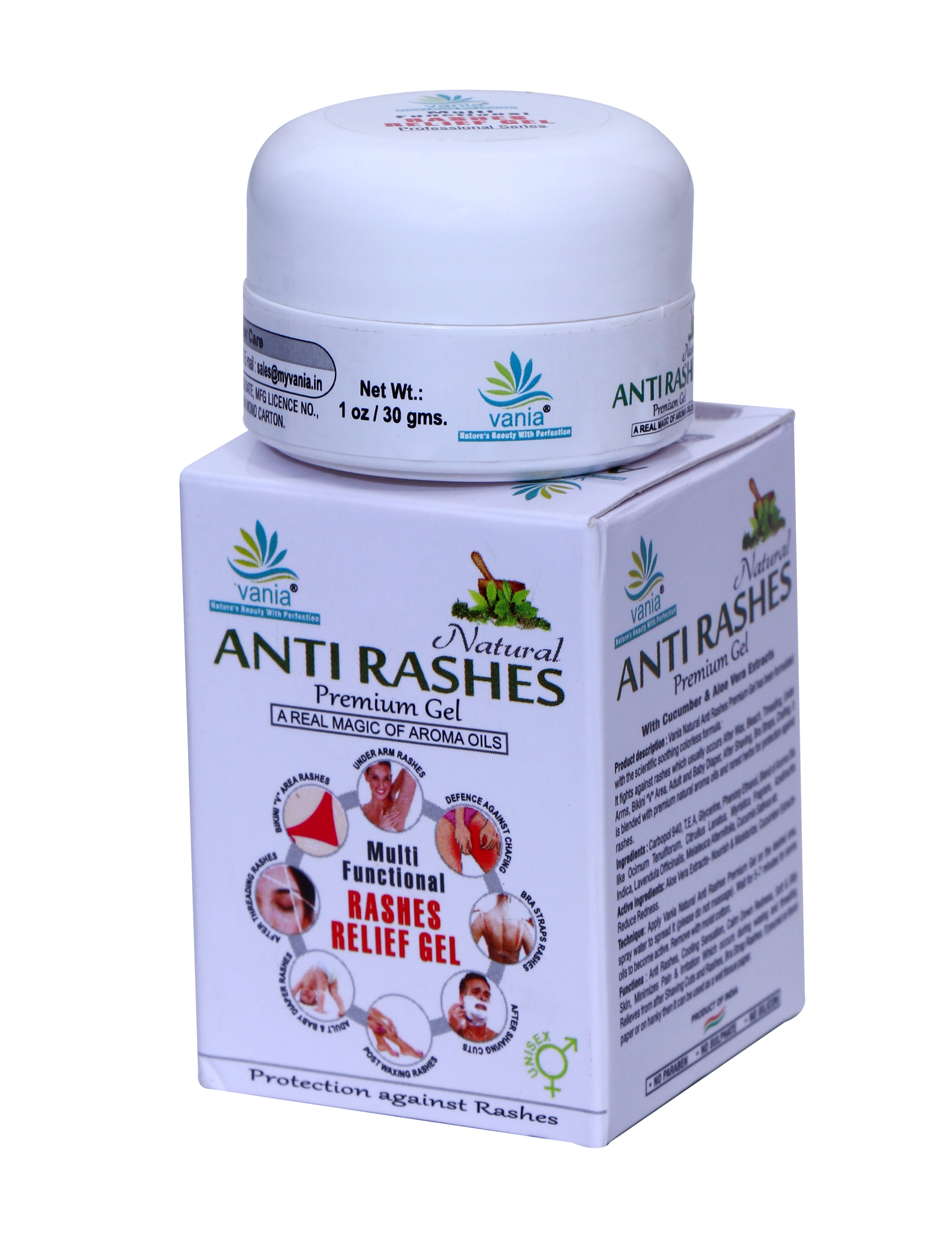 Vania Premium Anti-Rashes Gel 30g (Pack of 4) | Aroma Oils | Post-Waxing & Threading | Diaper Rash Relief | Unisex | Adult & Baby | Underarm, Shaving Cut, Chafing, Bikini V Area & Bra Straps