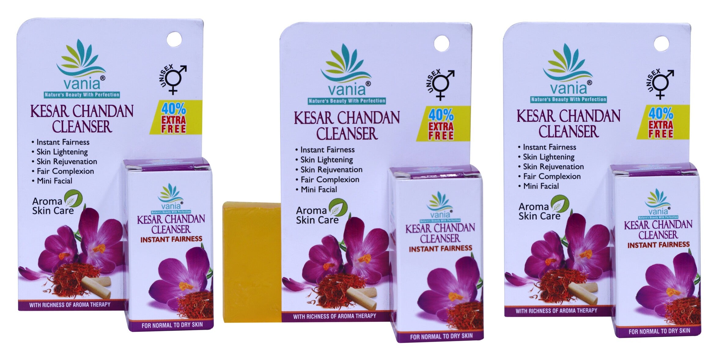 Vania Kesar Chandan Cleanser 25 Gm | Set of 3 | Instant Fairness | Unisex | Lightens Complexion | Soothes Skin | Honey & Precious Aroma Oils | Mini Facial | for Normal To Dry Skin