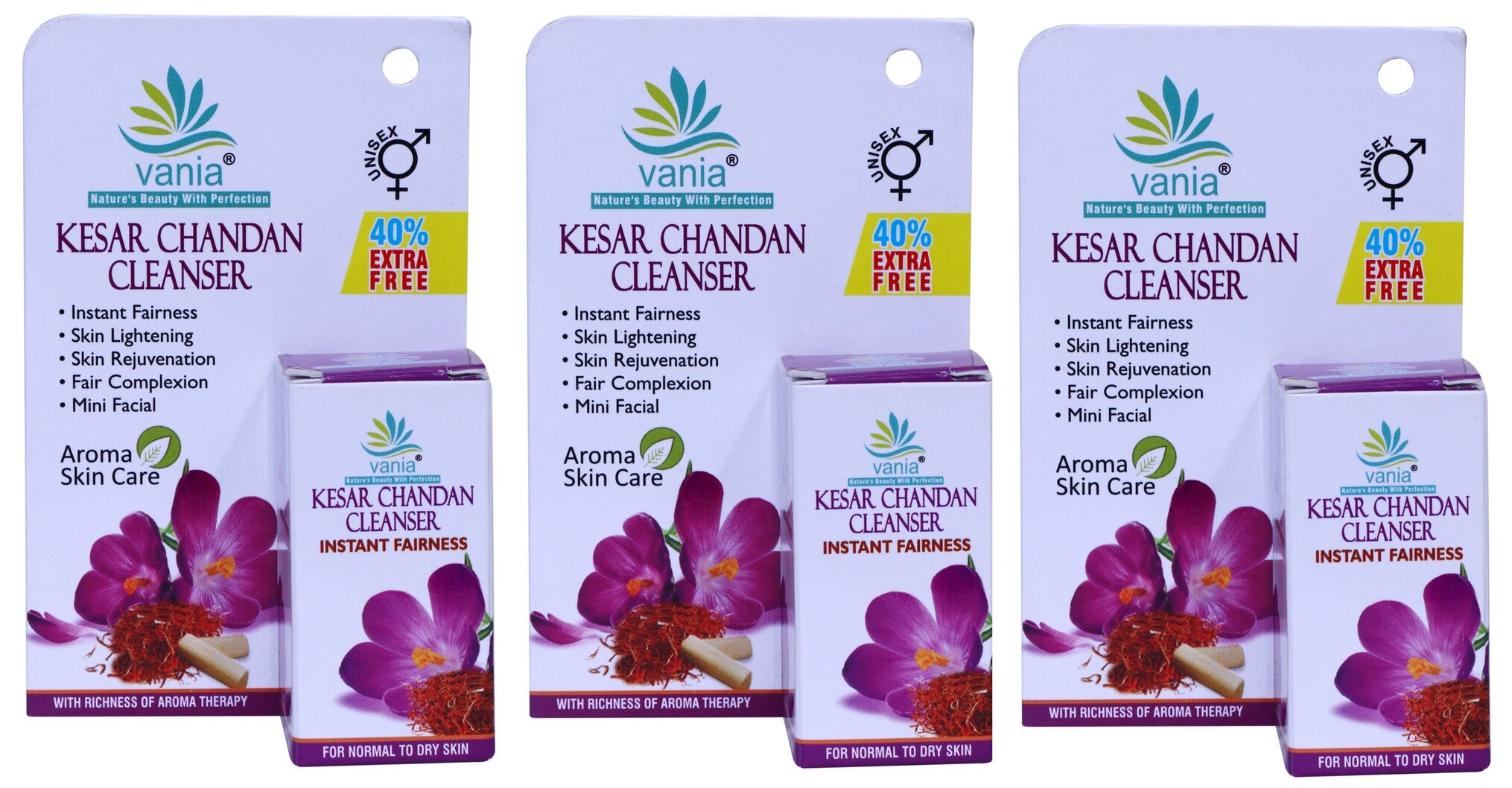 Vania Kesar Chandan Cleanser 25g - Set of 3 (3x25g) | Instant Fairness | Unisex | Lightens Complexion | Soothes Skin | With Honey & Precious Aroma Oils | Mini Facial | For Normal To Dry Skin