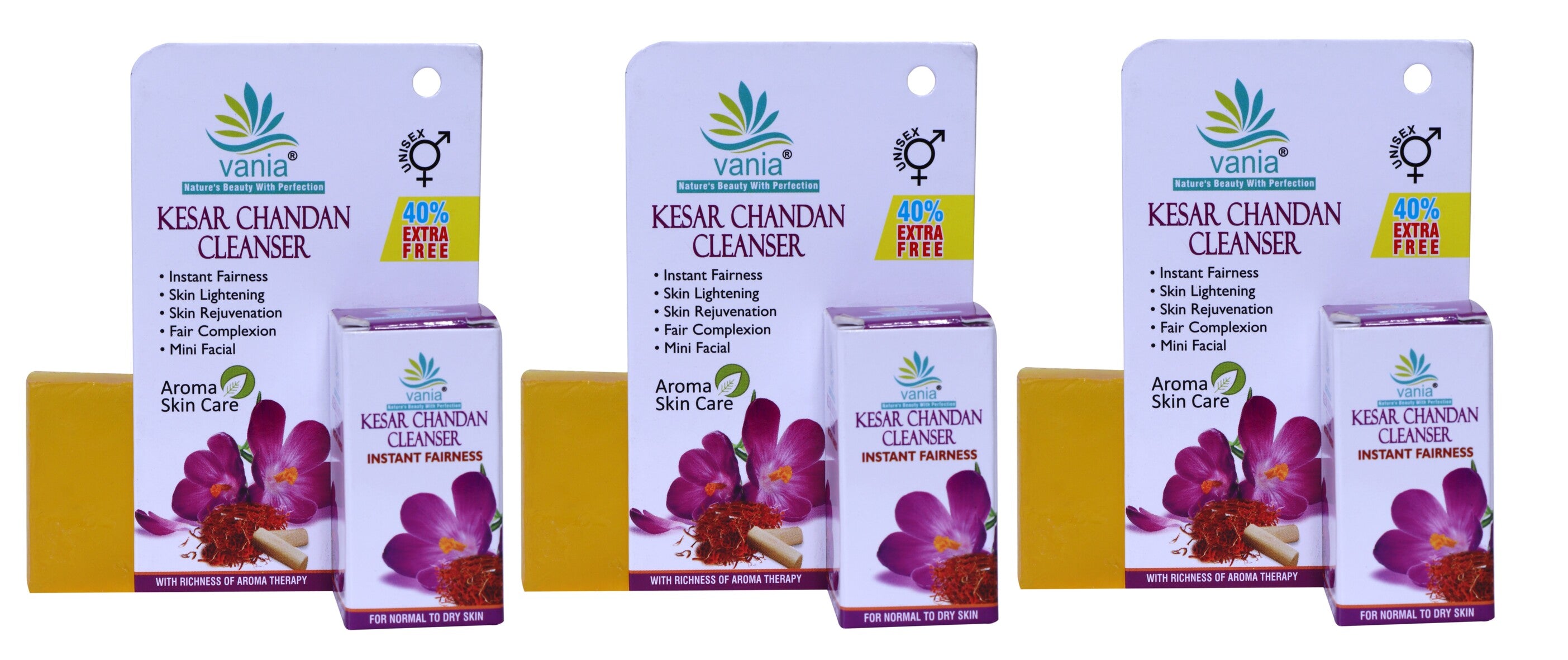 Vania Kesar Chandan Cleanser 25g - Set of 3 (3x25g) | Instant Fairness | Unisex | Lightens Complexion | Soothes Skin | With Honey & Precious Aroma Oils | Mini Facial | For Normal To Dry Skin