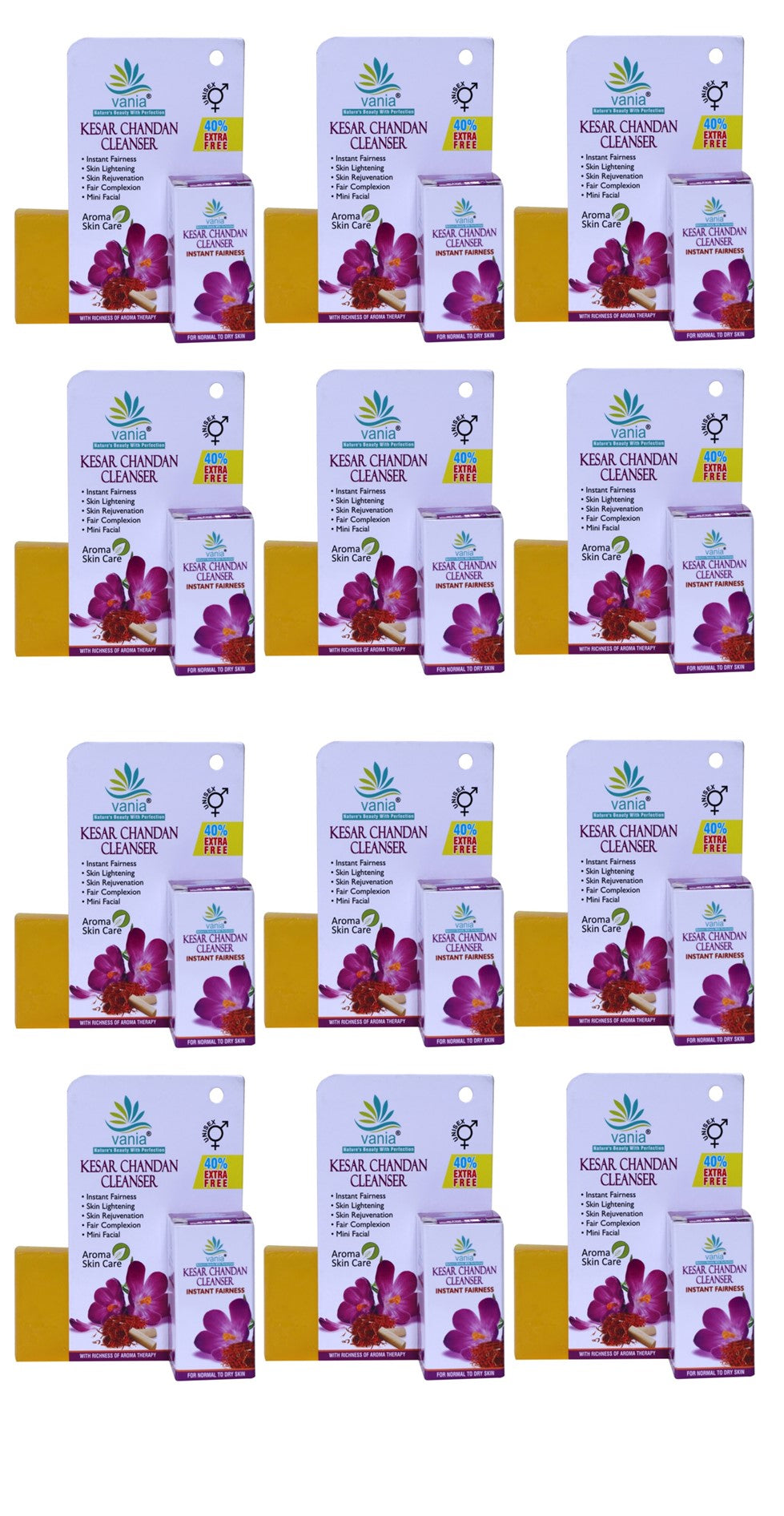 Vania Kesar Chandan Cleanser 25 Gm | Set of 12 | Instant Fairness | Unisex | Lightens Complexion | Soothes Skin | Honey & Precious Aroma Oils | Mini Facial | for Normal To Dry Skin