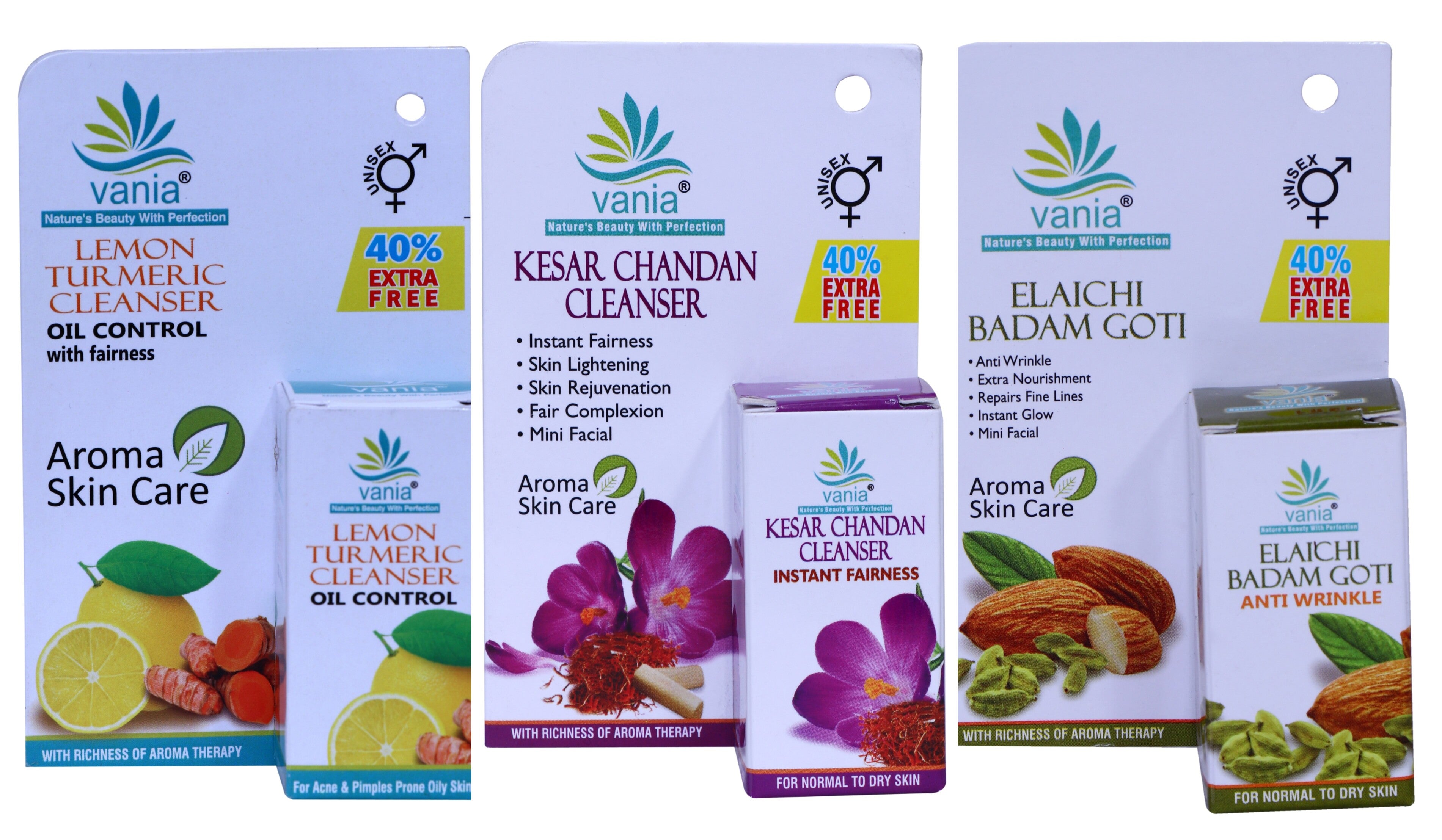 Vania Lemon Turmeric, Kesar Chandan, Elaichi Badam 25Gm Set of 3 Soaps | Aroma Oil Skin Care | Anti Wrinkle | Extra Nourishment | Repair Fine Lines | Rejuvenate | Mini Facial