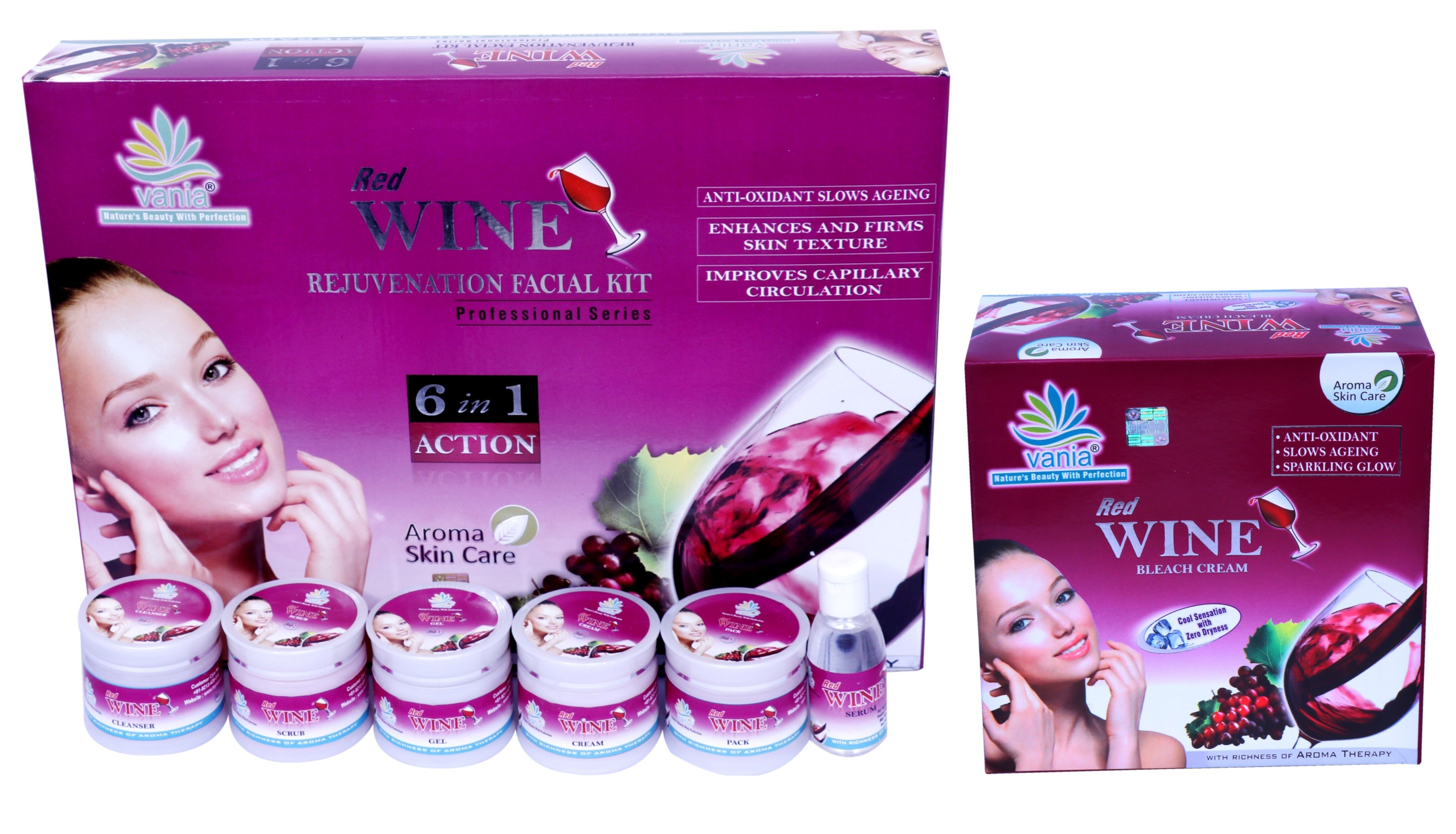Vania Red Wine Kit 300Gm & Red Wine Bleach 250Gm | Aroma Skin Care | Anti-Ageing | Enhances, Smoothens, Tones | Hydrates, Radiates, Nourishes | Firms Skin | Cleans Pores | Improved Elasticity