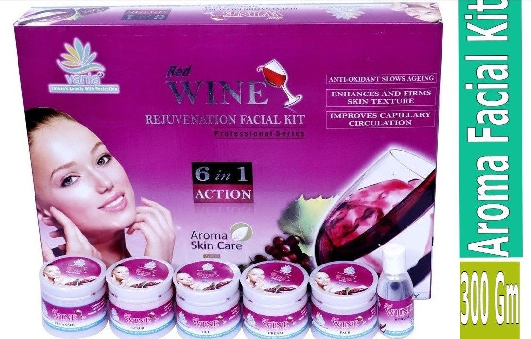 Vania Red Wine Facial Kit 300 GM | For Women & Men | Glowing, Youthful Skin | Slows Skin Aging | Firms Skin Texture | Improves Capillary Circulation | Adds Fairness | Blend Of Aroma Oils | Self & Parlour Use | 6-in-1 Action