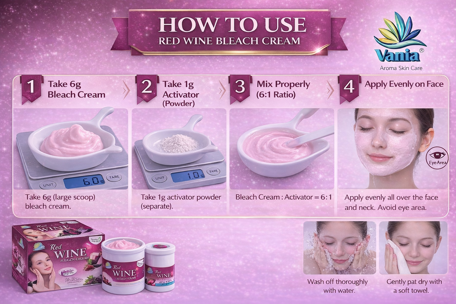Vania Red Wine Bleach Cream 250g | Cool Sensation | Zero Dryness | Anti-Oxidant | Slows Skin Ageing | Rich Aroma Therapy | Shea Butter | Ready in 30 mins | Youthful Skin