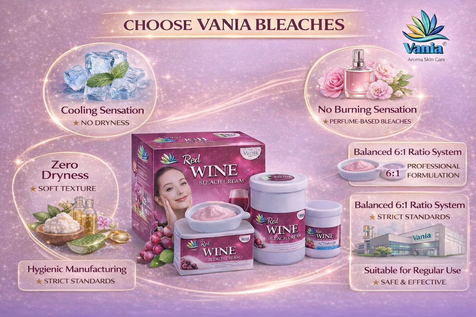 Vania Red Wine Bleach Cream 250g | Cool Sensation | Zero Dryness | Anti-Oxidant | Slows Skin Ageing | Rich Aroma Therapy | Shea Butter | Ready in 30 mins | Youthful Skin