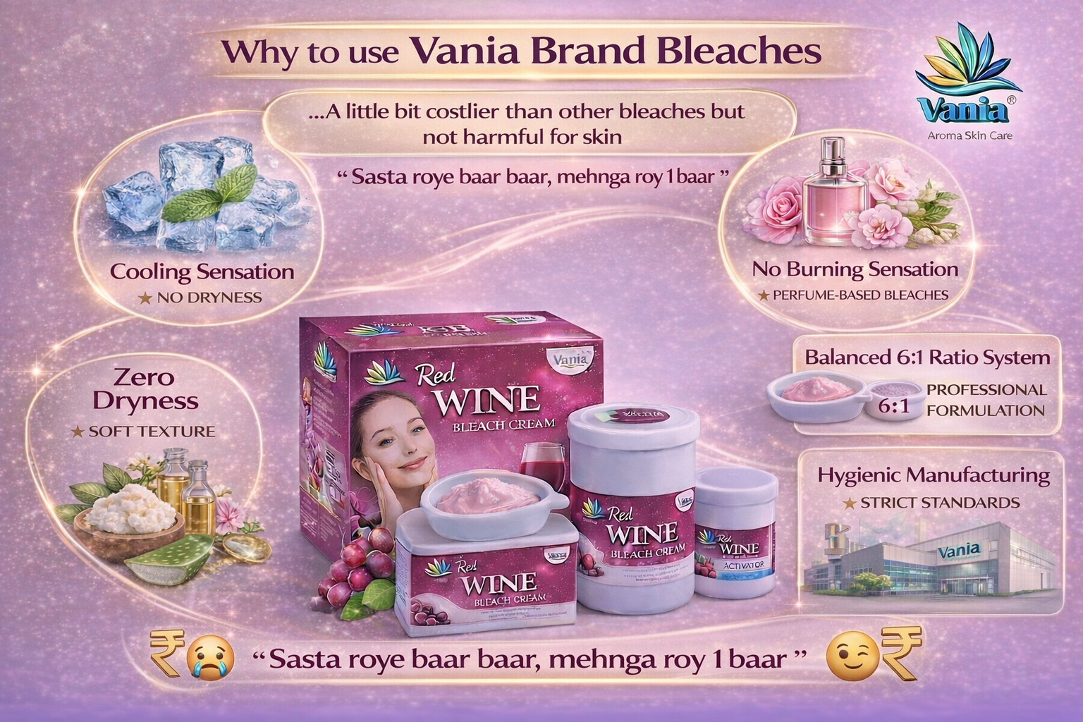 Vania Red Wine Bleach Cream 250g | Cool Sensation | Zero Dryness | Anti-Oxidant | Slows Skin Ageing | Rich Aroma Therapy | Shea Butter | Ready in 30 mins | Youthful Skin