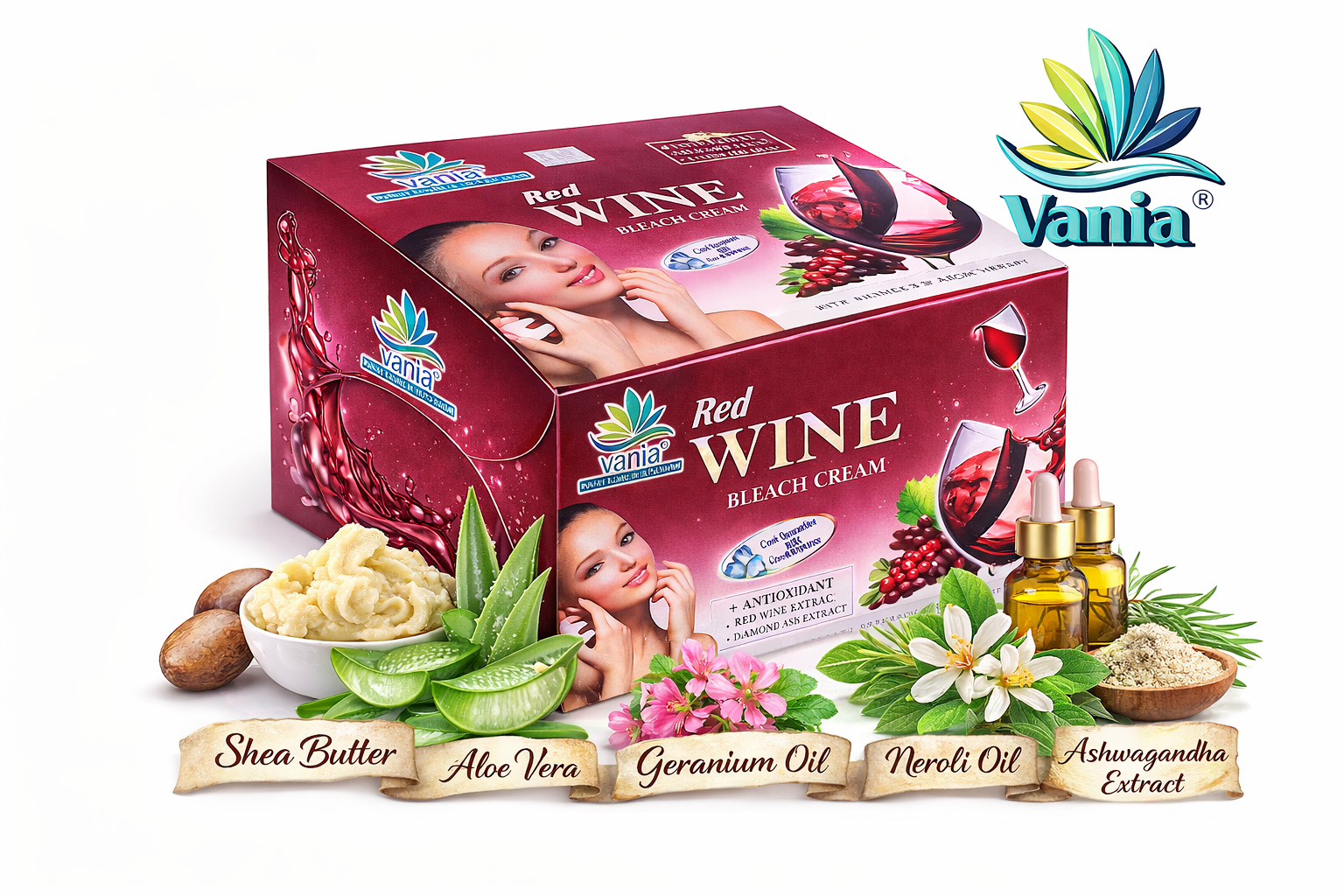 Vania Red Wine Bleach Cream 250g | Cool Sensation | Zero Dryness | Anti-Oxidant | Slows Skin Ageing | Rich Aroma Therapy | Shea Butter | Ready in 30 mins | Youthful Skin