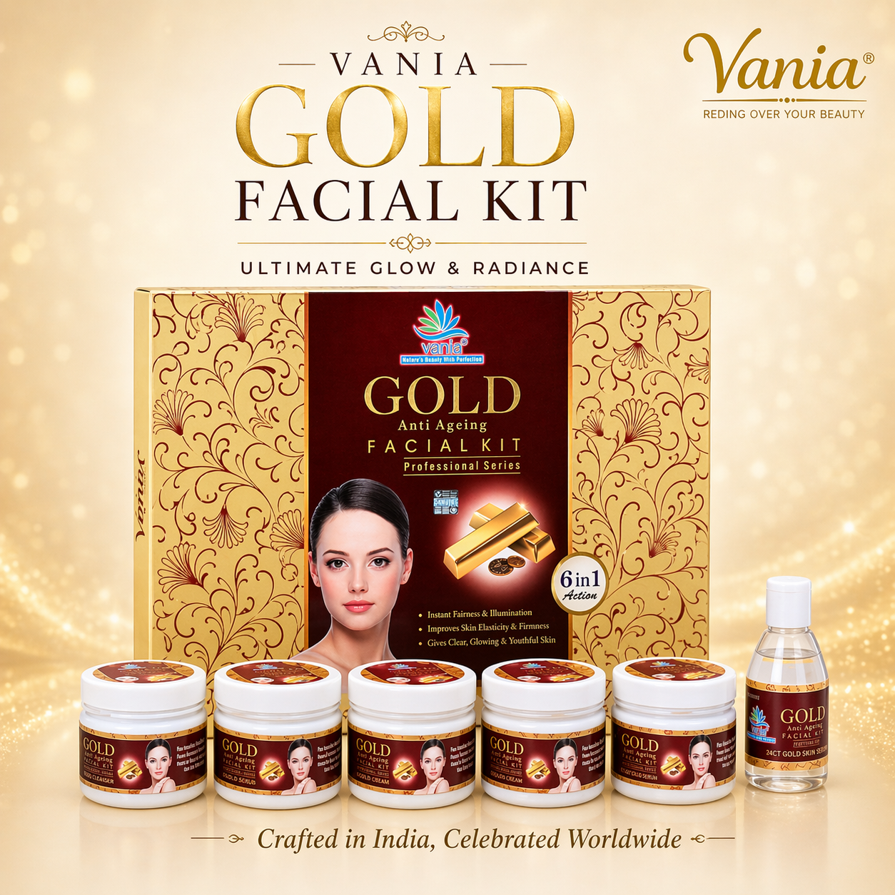 Vania Gold Facial Kit 300 Gm | Unisex Aroma Skin Care | Self & Parlour Use | Instant Fairness & Illumination | Natural Ingredients | Glow Like Gold | 6 In 1 Action