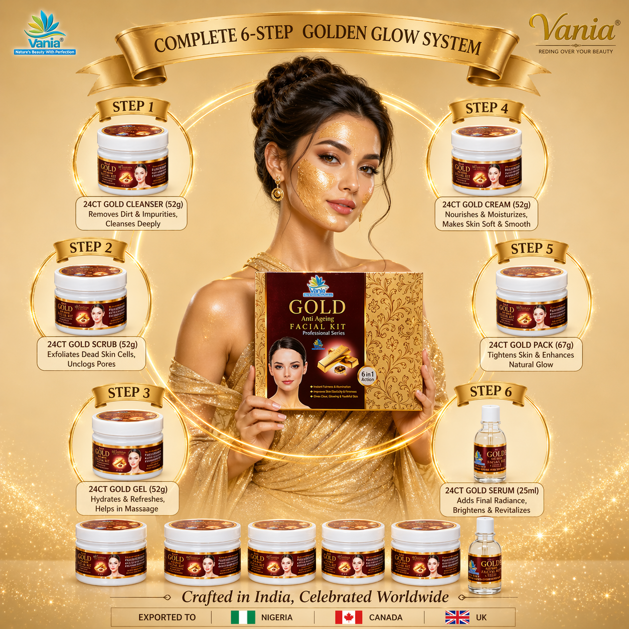 Vania Gold Facial Kit 300 Gm | Unisex Aroma Skin Care | Self & Parlour Use | Instant Fairness & Illumination | Natural Ingredients | Glow Like Gold | 6 In 1 Action