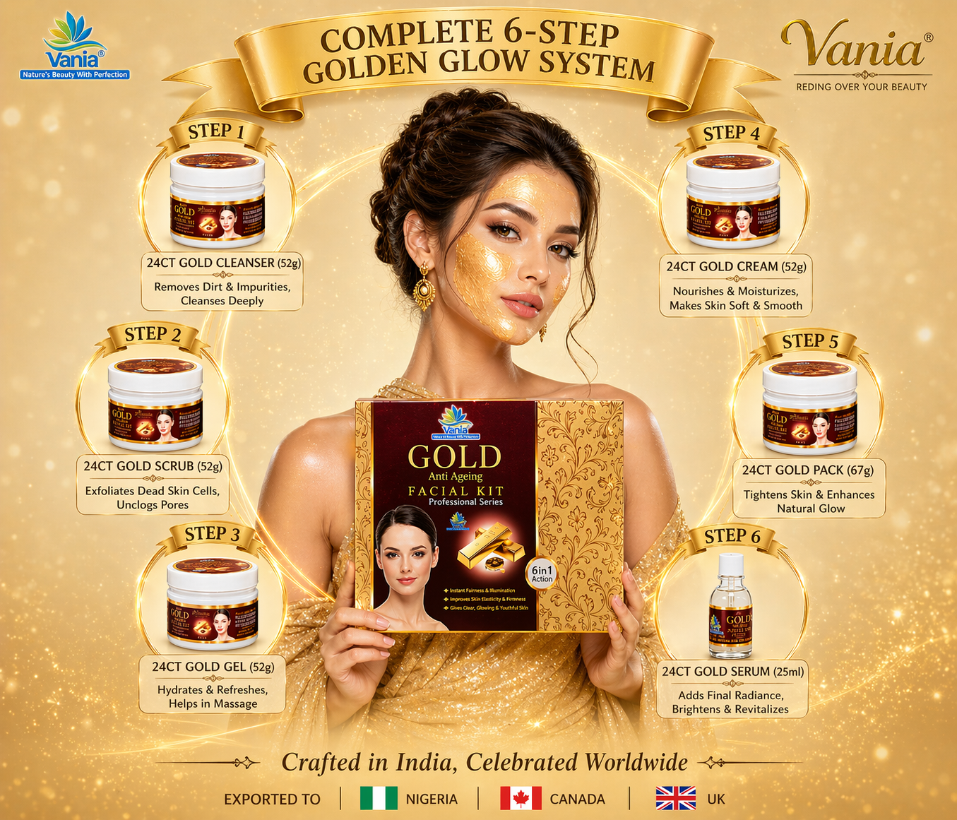 Vania Gold Facial Kit 300g | Radiant All-Day Glow | Unisex Aroma Skin Care | Like Gold | Vania Pearl Bleach Cream 250g | Party Bleach for Men & Women | Rich Fairness | Remove Dark Spots