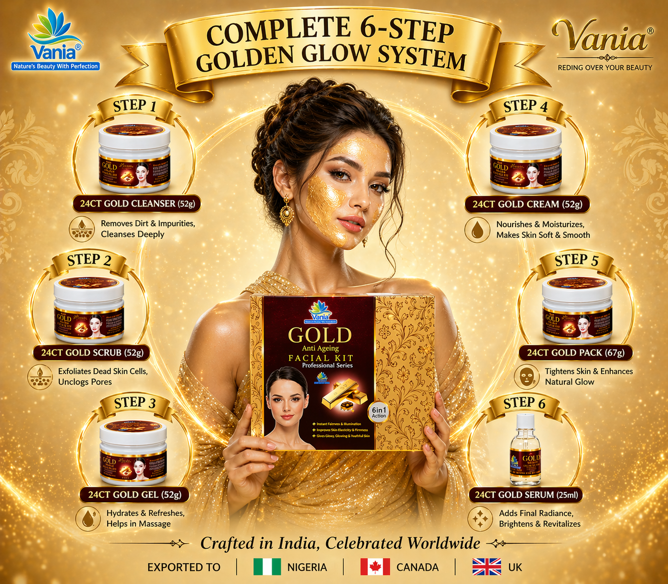 Vania Gold Facial Kit 300G + Diamond Bleach Cream Activator 250G (2-Item Set) - Nature's Gold Facial Kit & Diamond Bleach Cream for Face