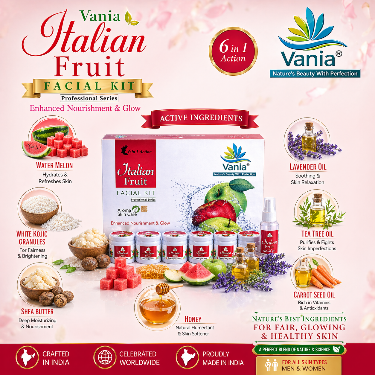 Vania Italian Fruit Facial Kit 300 Gm | Unisex | Natural Glow & Growth | Aroma Care | 6in1 Action | Shea, Honey, Fruit Extracts, Jojoba & Geranium | Face Beauty