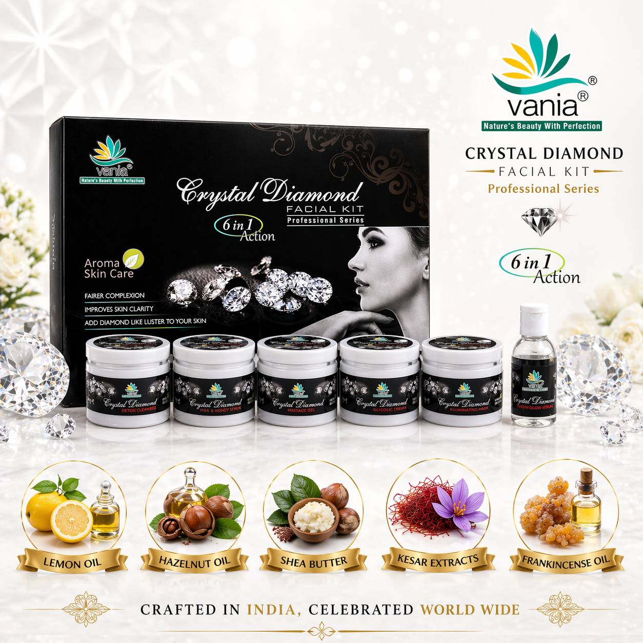 Vania Diamond Crystal Facial Kit 300g | Improves Skin Clarity | Unisex | Diamond-Like Luster | Self & Parlour Use | Fairer Complexion | Natural Ingredients | Finest Glow | For Face & Body Beauty