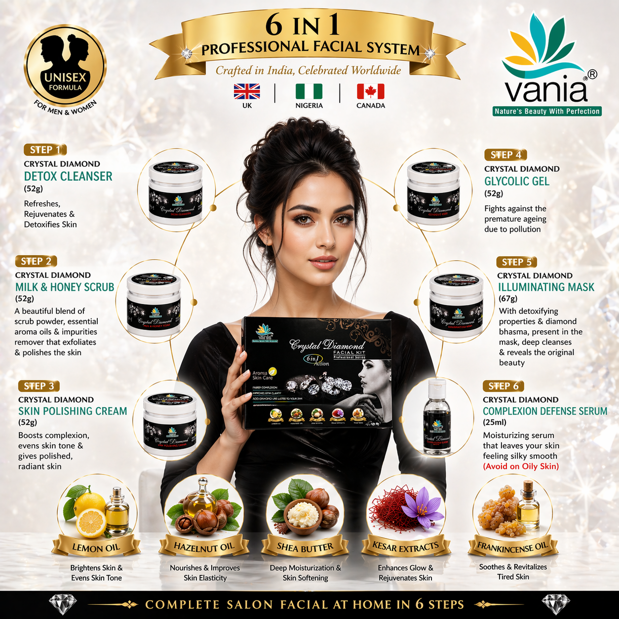 Vania Diamond Crystal Facial Kit 300g | Improves Skin Clarity | Unisex | Diamond-Like Luster | Self & Parlour Use | Fairer Complexion | Natural Ingredients | Finest Glow | For Face & Body Beauty