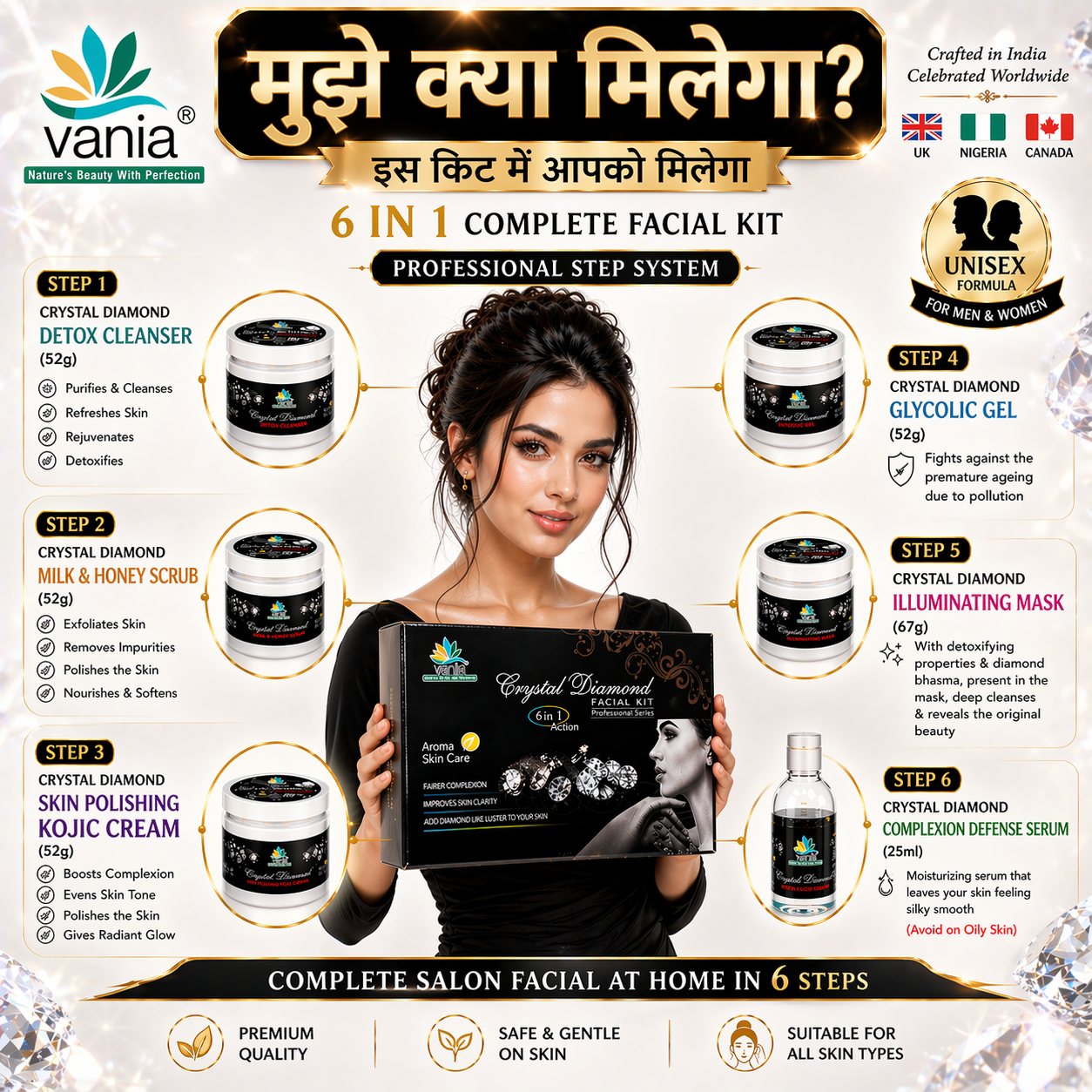 Vania Diamond Crystal Facial Kit 300g | Improves Skin Clarity | Unisex | Diamond-Like Luster | Self & Parlour Use | Fairer Complexion | Natural Ingredients | Finest Glow | For Face & Body Beauty