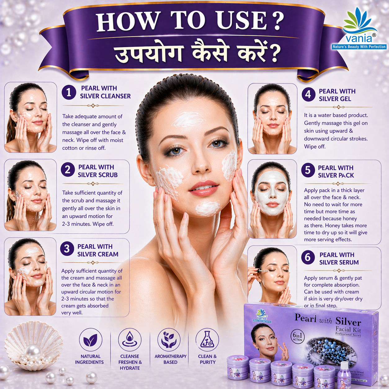 Vania Pearl & Silver Facial Kit 300g | Professional Fairness Fruit Facial | For Women & Men | Glowing, Whitening & Brightening | Lessen Pigmentation | Nourish & Revitalize | Aroma Oils Blend | For Self & Parlour Use