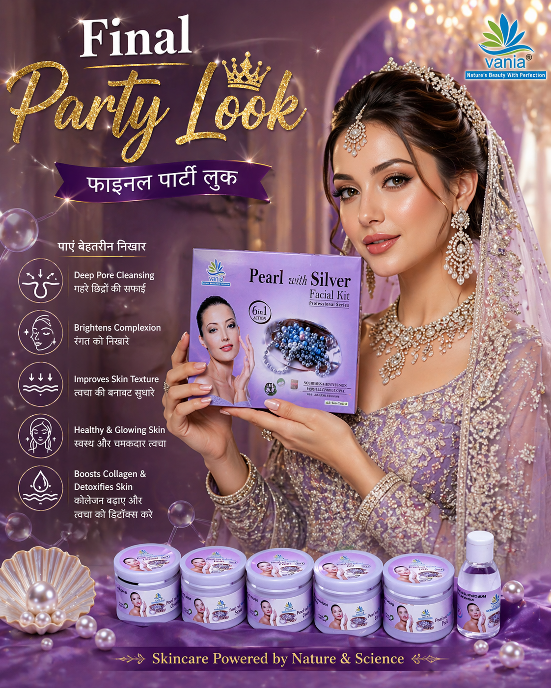 Vania Pearl & Silver Facial Kit 300g | Professional Fairness Fruit Facial | For Women & Men | Glowing, Whitening & Brightening | Lessen Pigmentation | Nourish & Revitalize | Aroma Oils Blend | For Self & Parlour Use