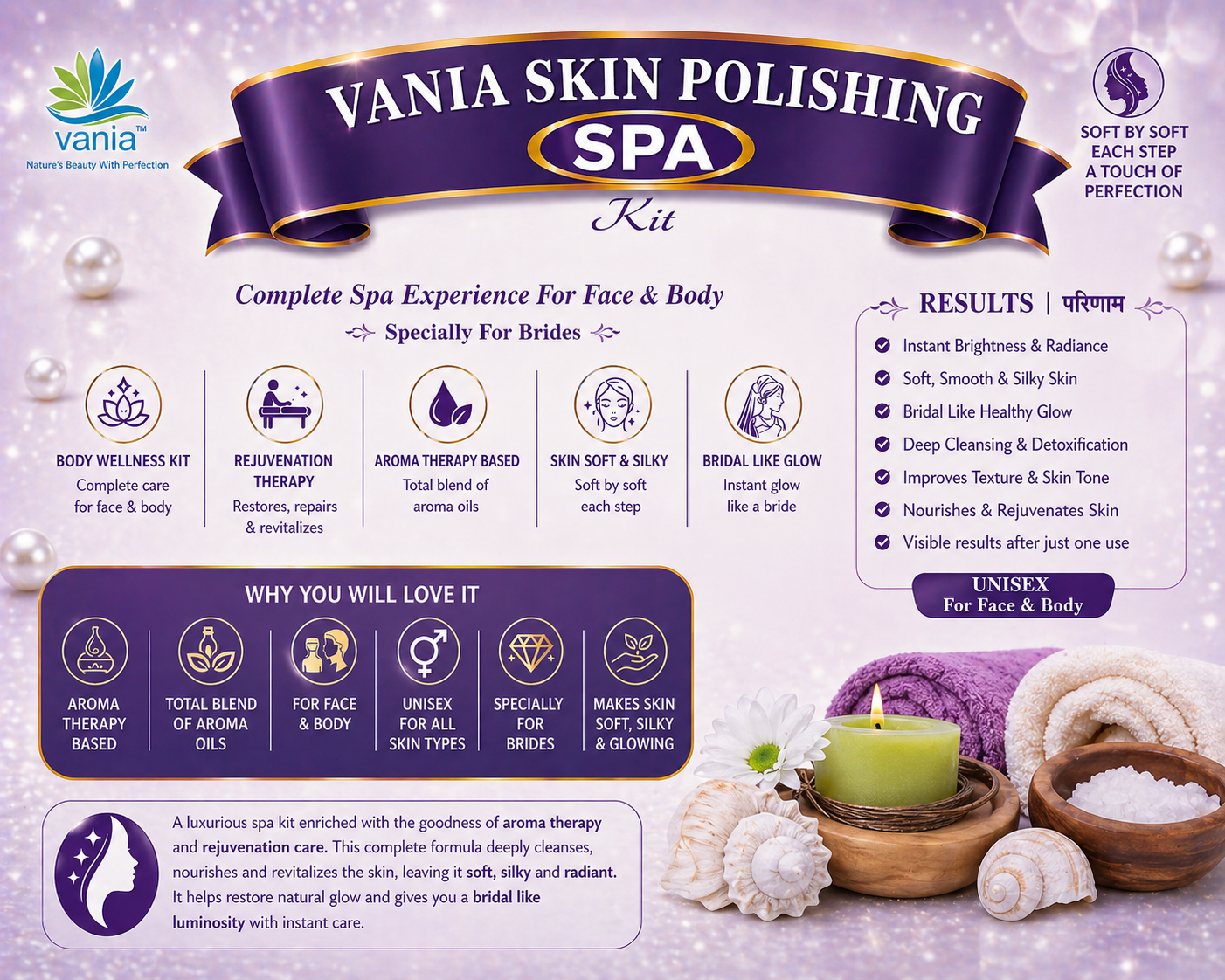 Vania Skin Polishing Aroma Facial Kit for Women & Men | 2000 Gm + 100 Ml | SPA Skin Care | Self & Parlour Use | Pre Bridals | Face & Body | Tip to Toe Beauty l Dashing Glow with Tulsi & Geranium Oil