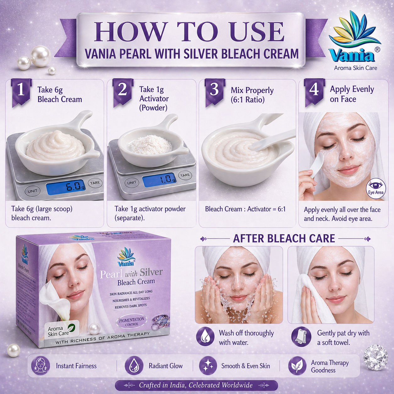 Vania Pearl & Silver Bleach Cream 250 Gm | Unisex | Cool Moisturizing | Aroma Skin Care | Party & Parlour Use | Rich Fairness | Face Beauty Care | Pigmentation Control | Removes Dark Spots | Quality Activator