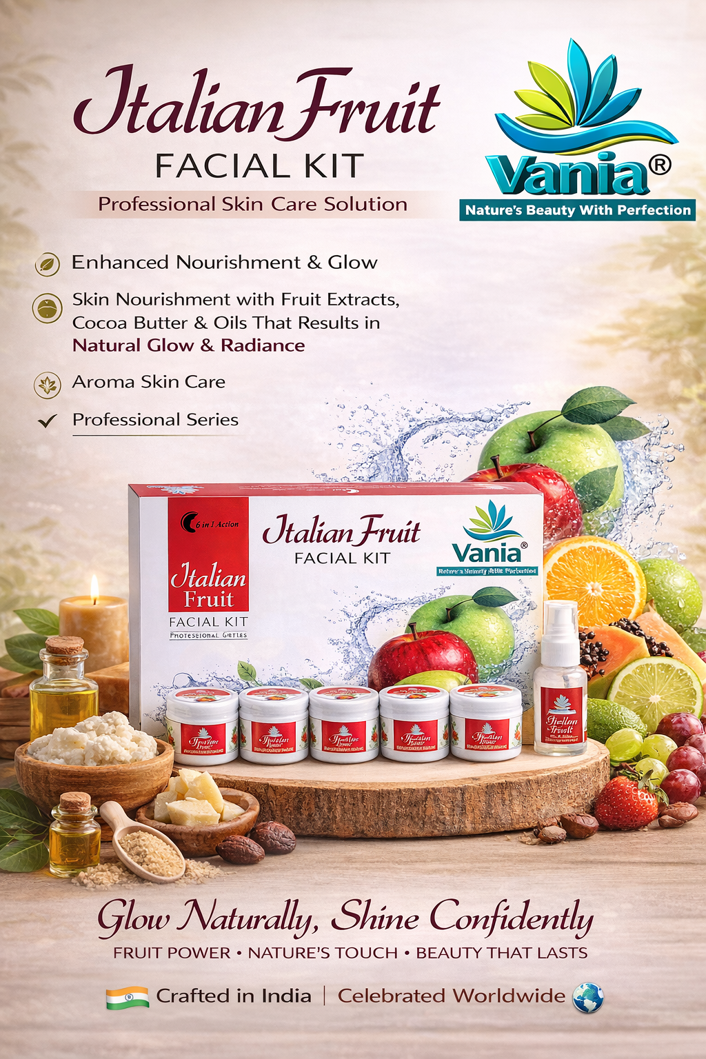 Vania Italian Fruit Facial Kit 300 Gm | Unisex | Natural Glow & Growth | Aroma Care | 6in1 Action | Shea, Honey, Fruit Extracts, Jojoba & Geranium | Face Beauty