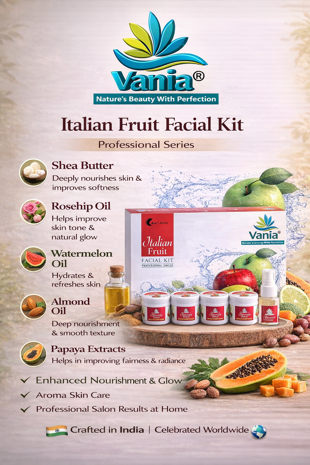 Vania Italian Fruit Facial Kit 300 Gm | Unisex | Natural Glow & Growth | Aroma Care | 6in1 Action | Shea, Honey, Fruit Extracts, Jojoba & Geranium | Face Beauty