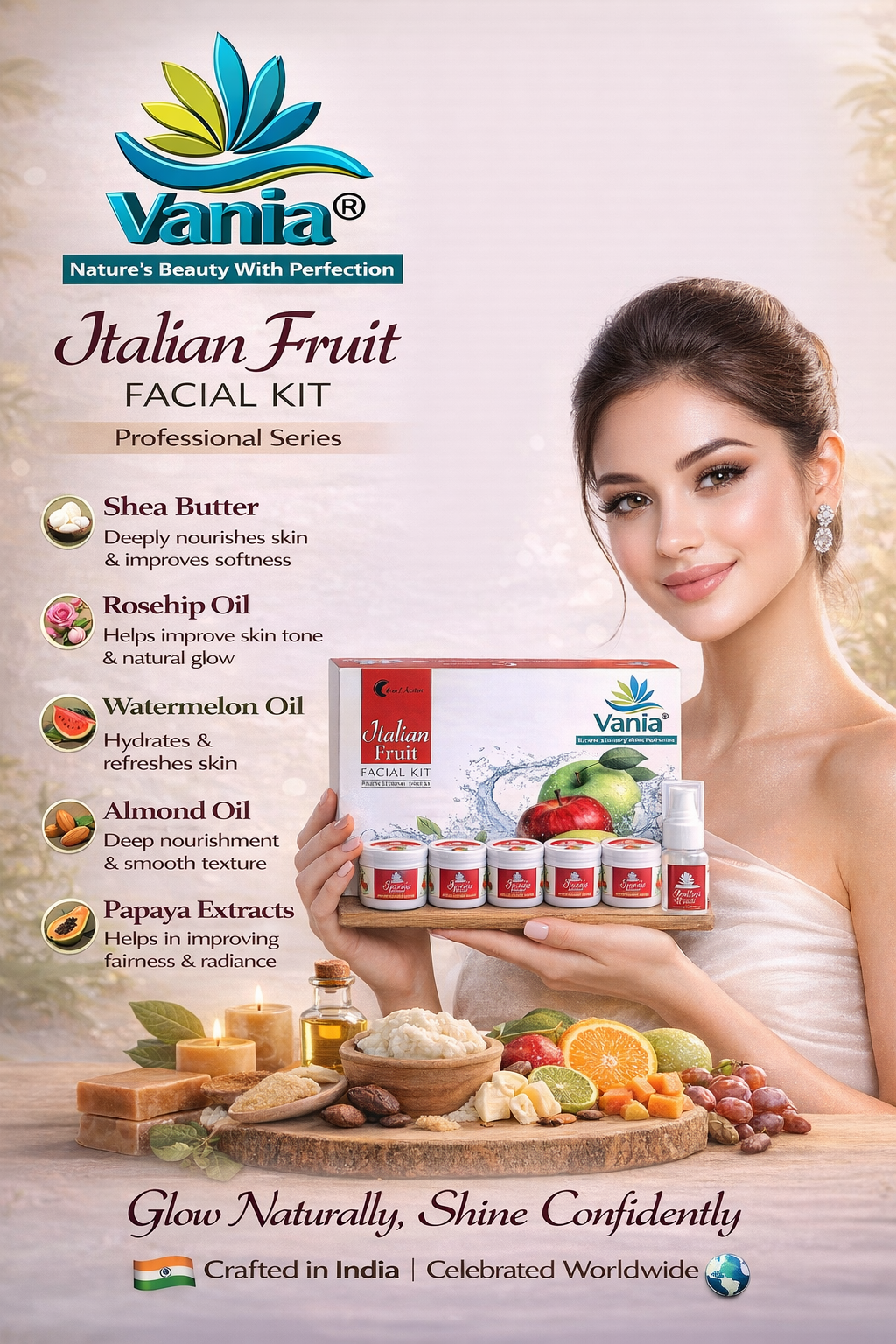 Vania Italian Fruit Facial Kit 300 Gm | Unisex | Natural Glow & Growth | Aroma Care | 6in1 Action | Shea, Honey, Fruit Extracts, Jojoba & Geranium | Face Beauty