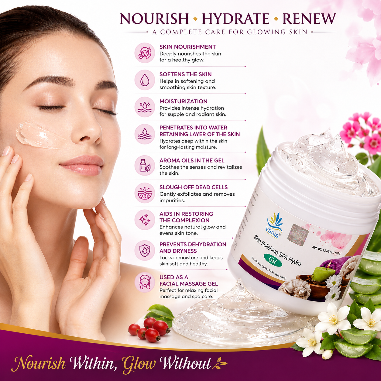 Vania Aloe Vera Skin Polishing SPA Hydra Gel 500 Gm | Nourishing & Rejuvenating | Removes Dead Cells, Black & White Heads, and Dryness | Infused with Aroma Oils