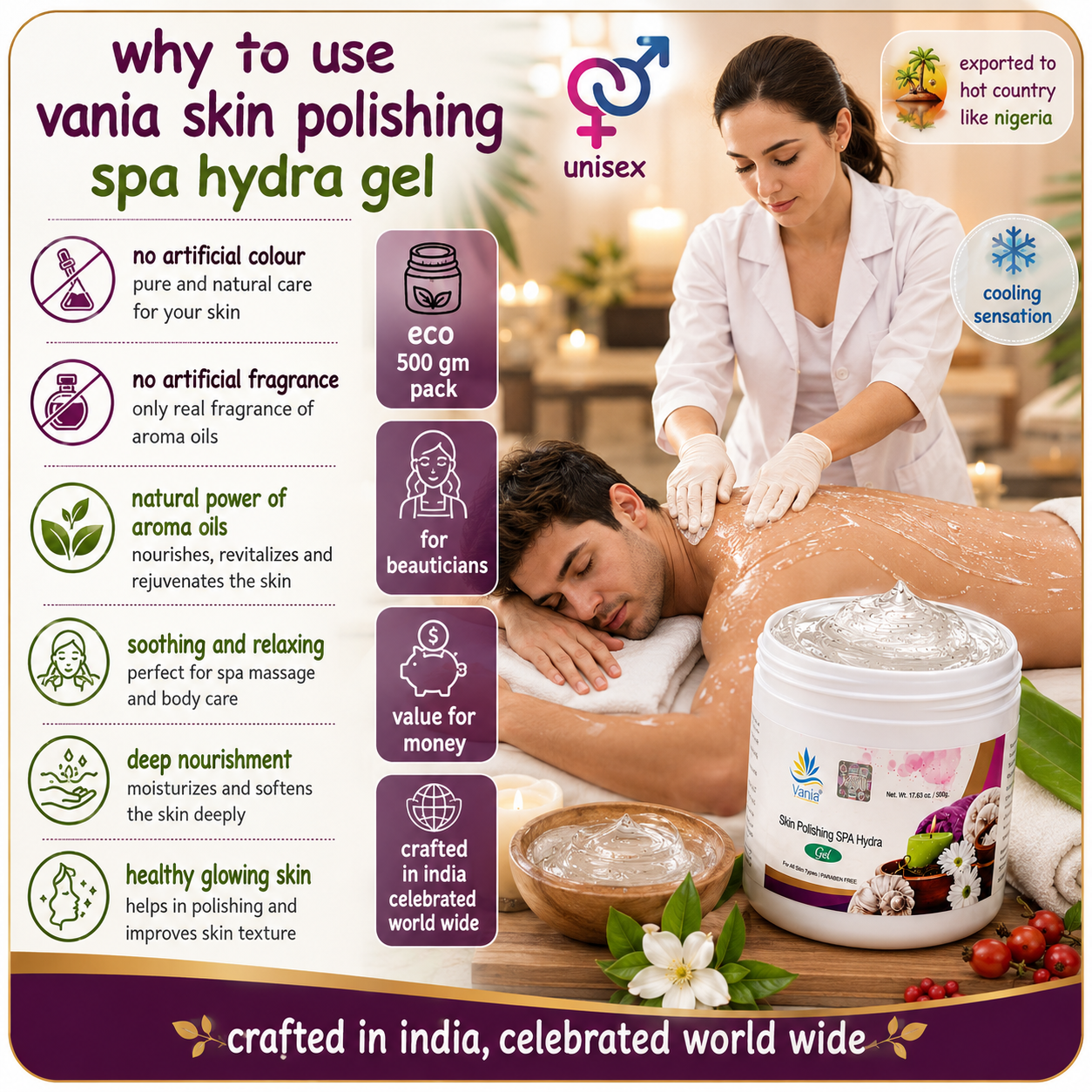 Vania Aloe Vera Skin Polishing SPA Hydra Gel 500 Gm | Nourishing & Rejuvenating | Removes Dead Cells, Black & White Heads, and Dryness | Infused with Aroma Oils