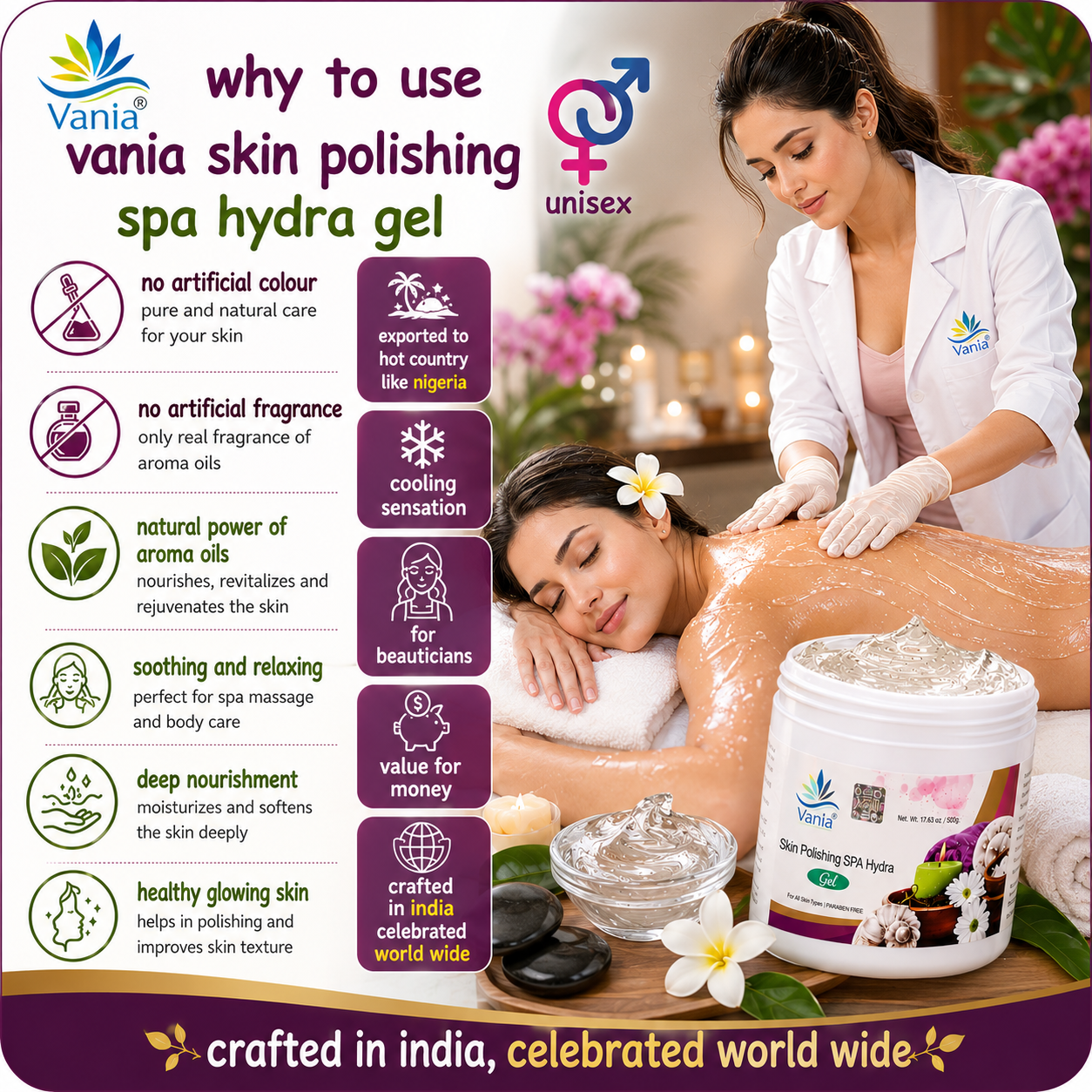Vania Aloe Vera Skin Polishing SPA Hydra Gel 500 Gm | Nourishing & Rejuvenating | Removes Dead Cells, Black & White Heads, and Dryness | Infused with Aroma Oils