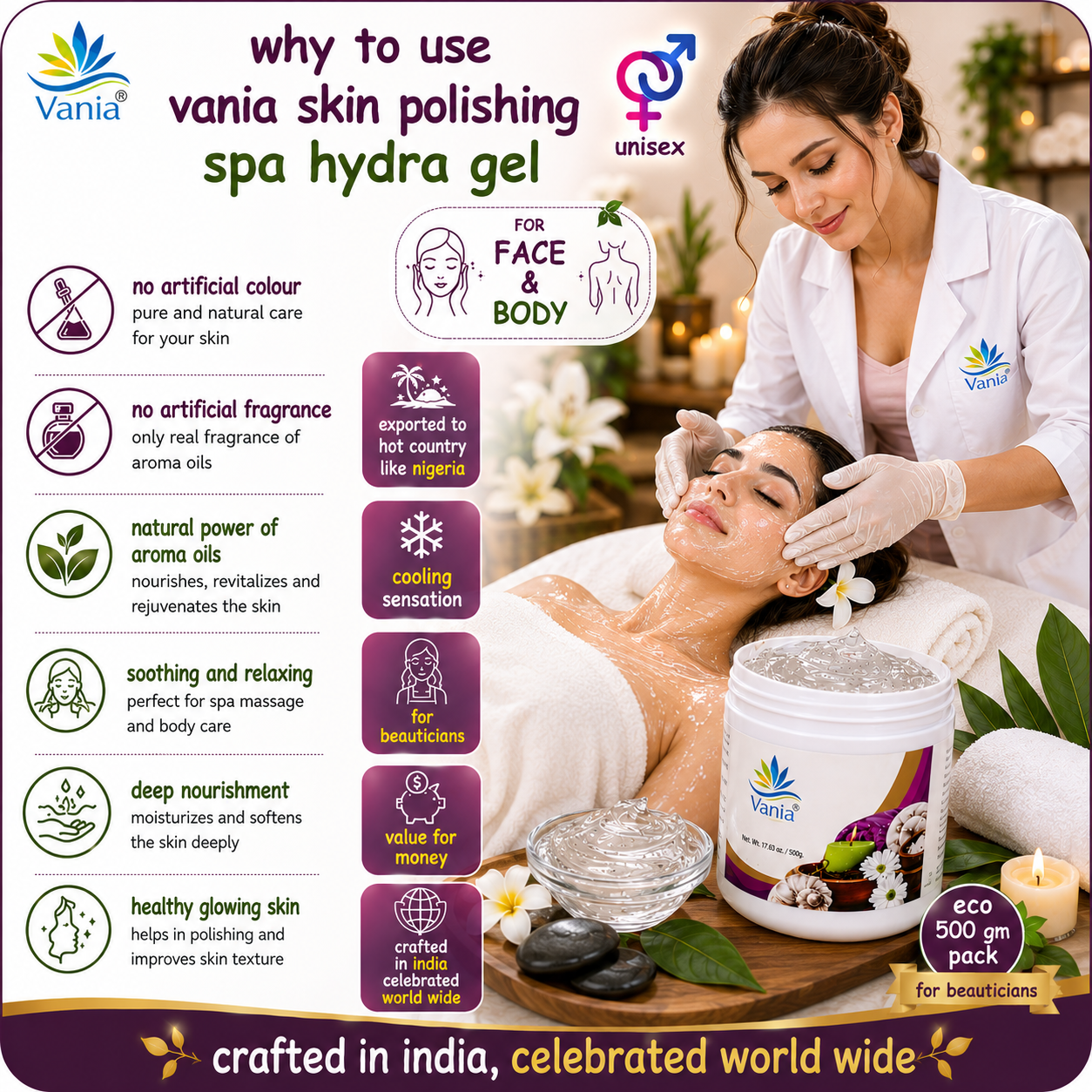 Vania Aloe Vera Skin Polishing SPA Hydra Gel 500 Gm | Nourishing & Rejuvenating | Removes Dead Cells, Black & White Heads, and Dryness | Infused with Aroma Oils
