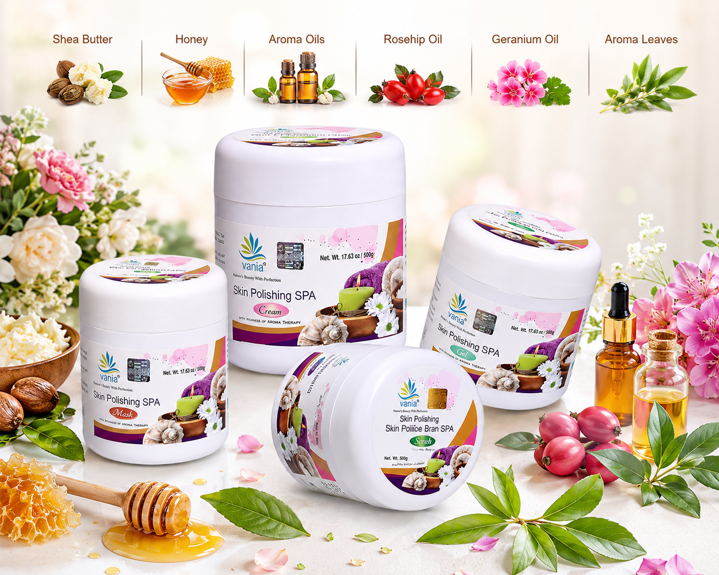 Vania Skin Polishing SPA Combo - 500 Gm Each: Scrub, Cream, Gel & Mask