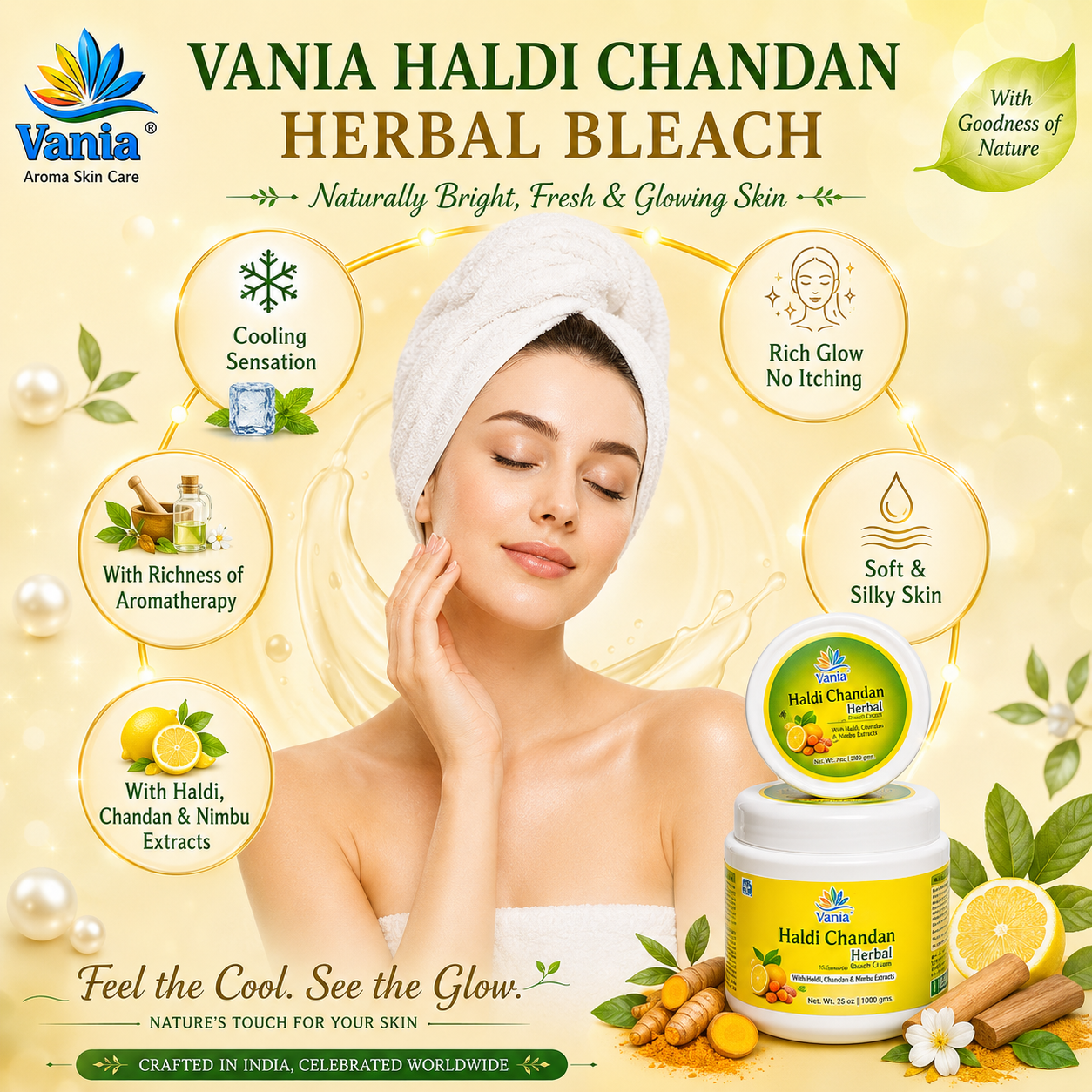 Vania Haldi Chandan Bleach Cream 1Kg | Fairness & Beautifying | Face & Body | Cooling Sensation | For Normal to Dry Skin | Moisturizing | Zero Irritation | Herbal | Gori Gori Skin | No Tears & Dryness