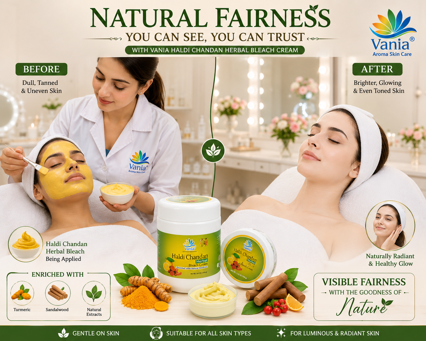 Vania Haldi Chandan Bleach Cream 1Kg | Fairness & Beautifying | Face & Body | Cooling Sensation | For Normal to Dry Skin | Moisturizing | Zero Irritation | Herbal | Gori Gori Skin | No Tears & Dryness