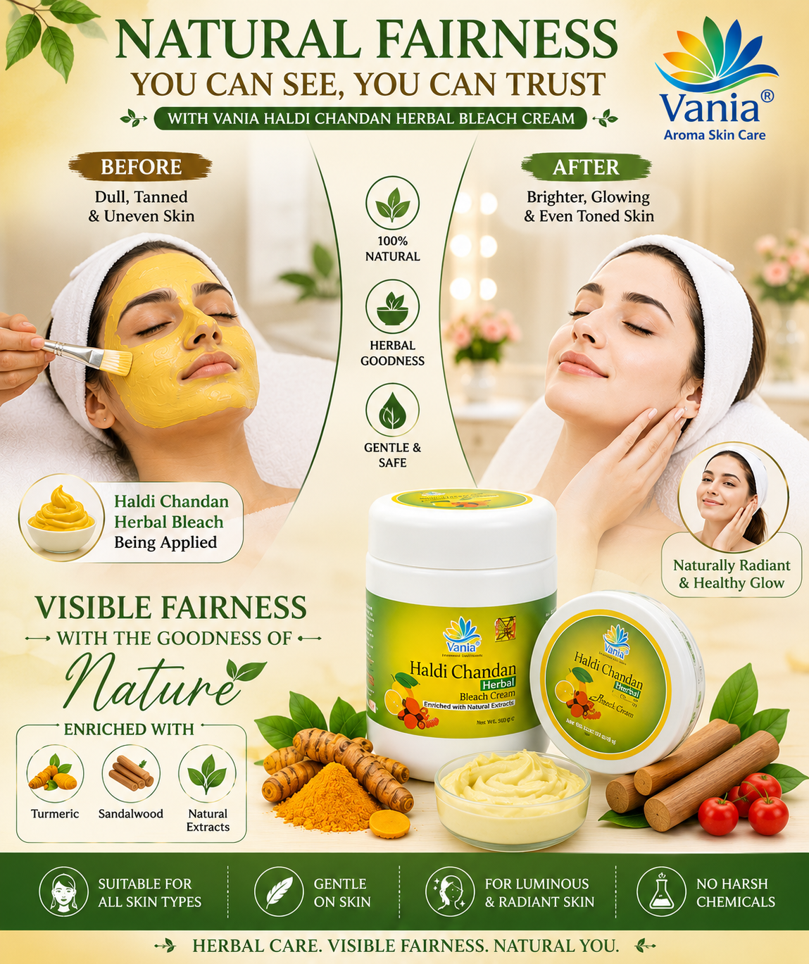 Vania Haldi Chandan Bleach Cream 1Kg | Fairness & Beautifying | Face & Body | Cooling Sensation | For Normal to Dry Skin | Moisturizing | Zero Irritation | Herbal | Gori Gori Skin | No Tears & Dryness