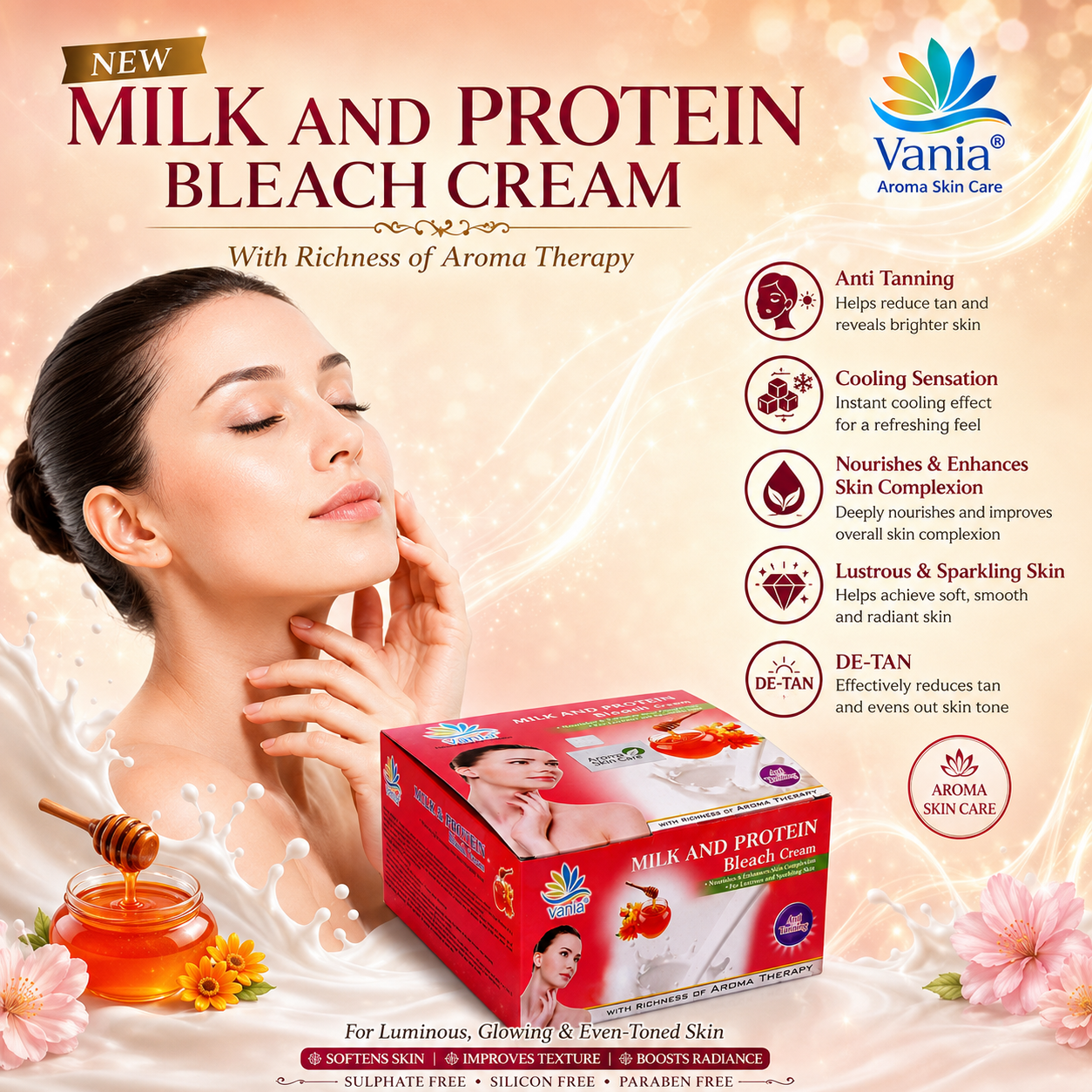 Vania Milk & Protein Bleach Cream 250 Gm | Long-Lasting Glow | Natural Fairness | Cool Bleach | No Tears | Moisturized Skin | Zero Irritation Level | Fragrance | For Normal to Dry Skin | With Milk & Honey